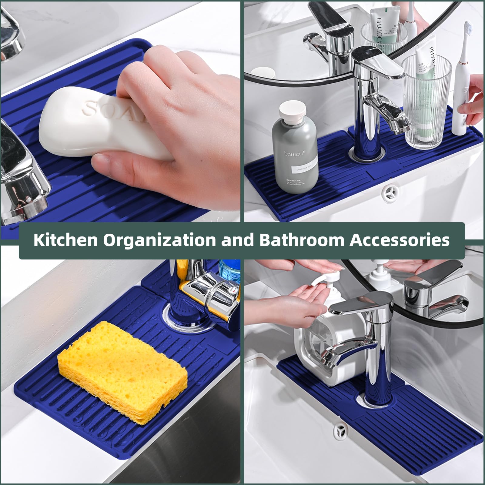 Amyandone Faucet Mat For Kitchen Sink, Silicone Faucet Handle Drip Catcher Tray, Drying Mat As Sponge And Soap Holder With Later