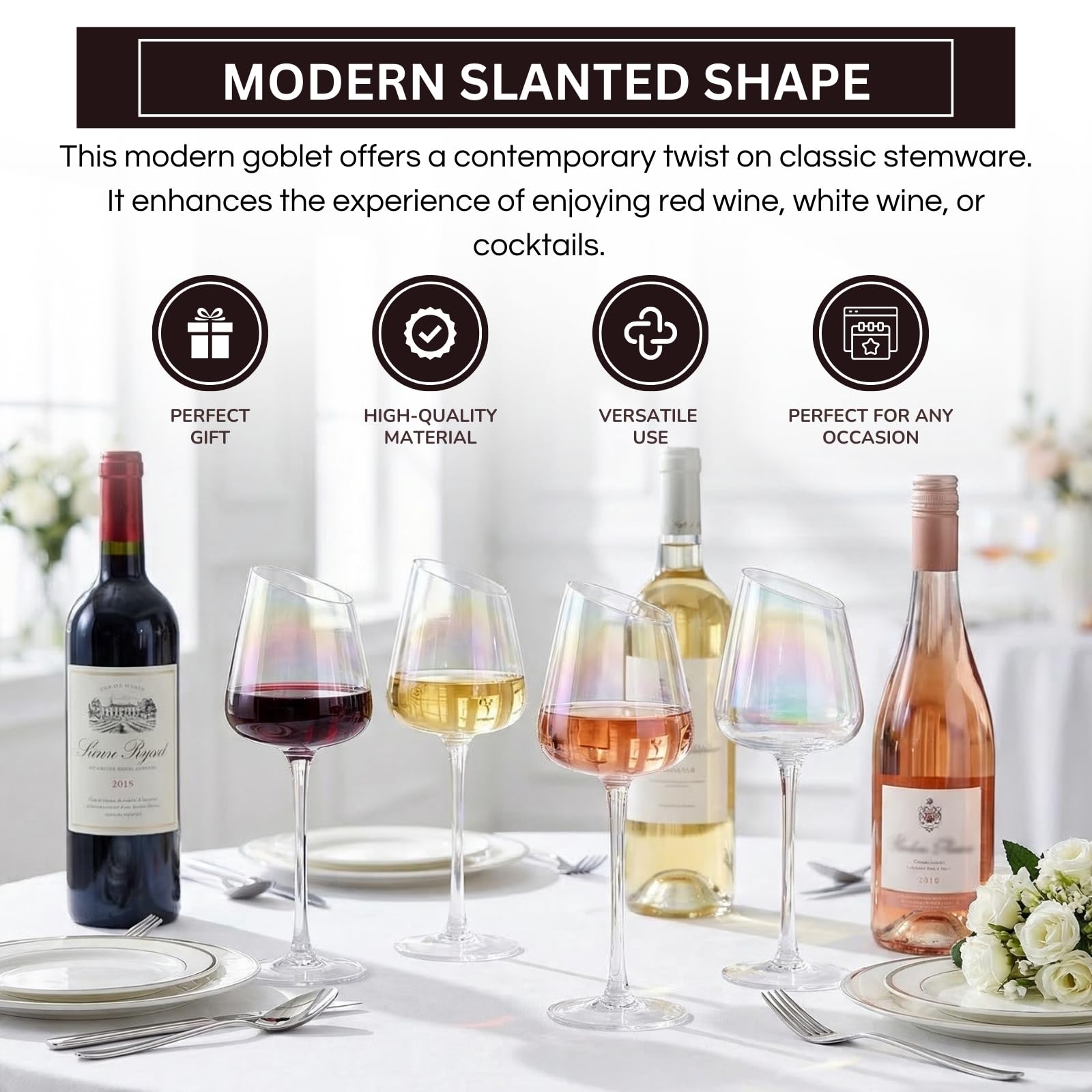 Slanted Iridescent Wine Glass, Single 15.8oz 9.84in Clear Glass