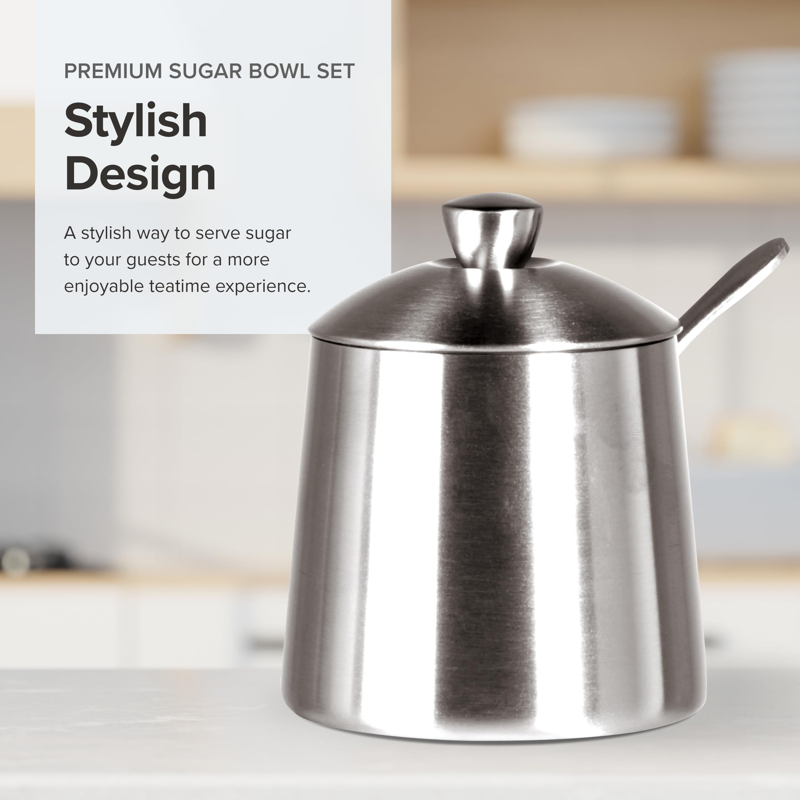 Frieling Usa 18/10 Brushed Stainless Steel Sugar Bowl With Spoon - Countertop Jar Holder For Sugar Cubes