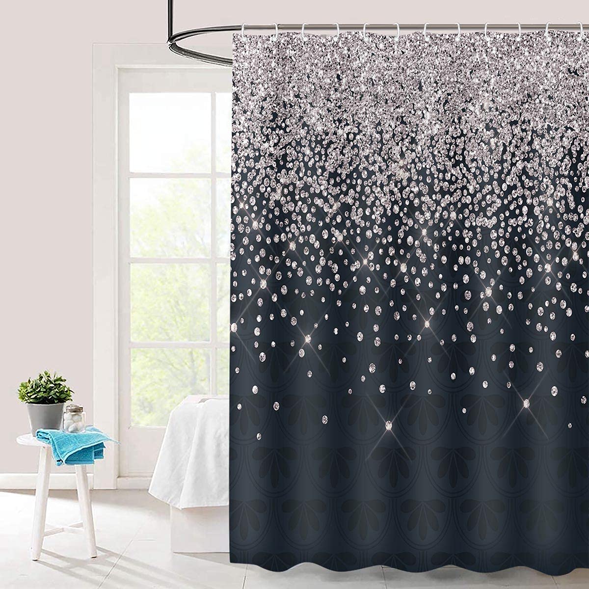 Tersum Silver Gray Bokeh Gorgeous (No Sparkles Or Glitter) Shower Curtain,Falling Snow Night Sky Stars Black Night 3D Printed Fa