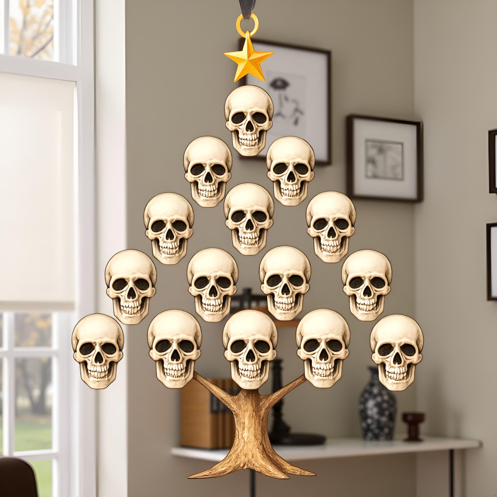 Skull Hanging Ornament, Skulls Tree Decor, Stacked Decoration for Halloween Christmas, Home Decoration Suncatcher (Skull and Tre
