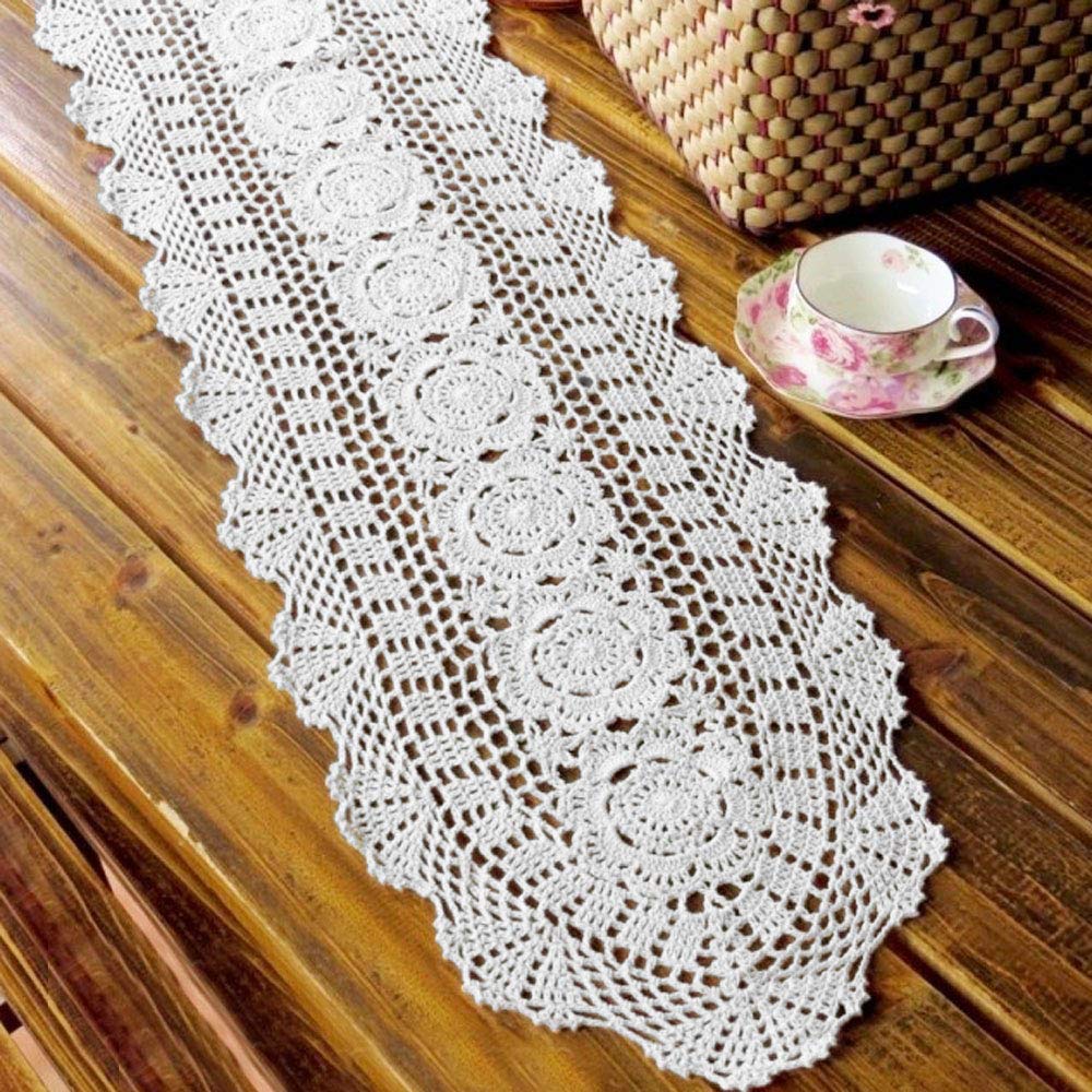 Kepswet 100% Cotton Handmade Crochet Lace Oval Table Runner White 12X72 Inch