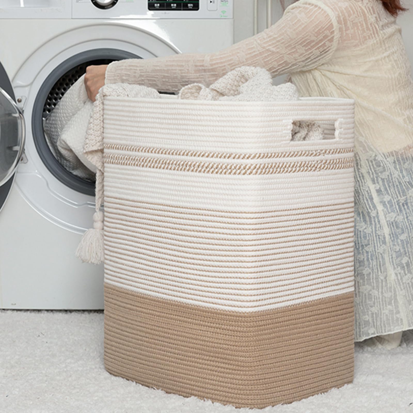 Sixdove Laundry Hamper, Large Woven Rope Tall Laundry Basket With Handles, 22'' X 17'' X 13'', Decorative Storage Basket For Clo