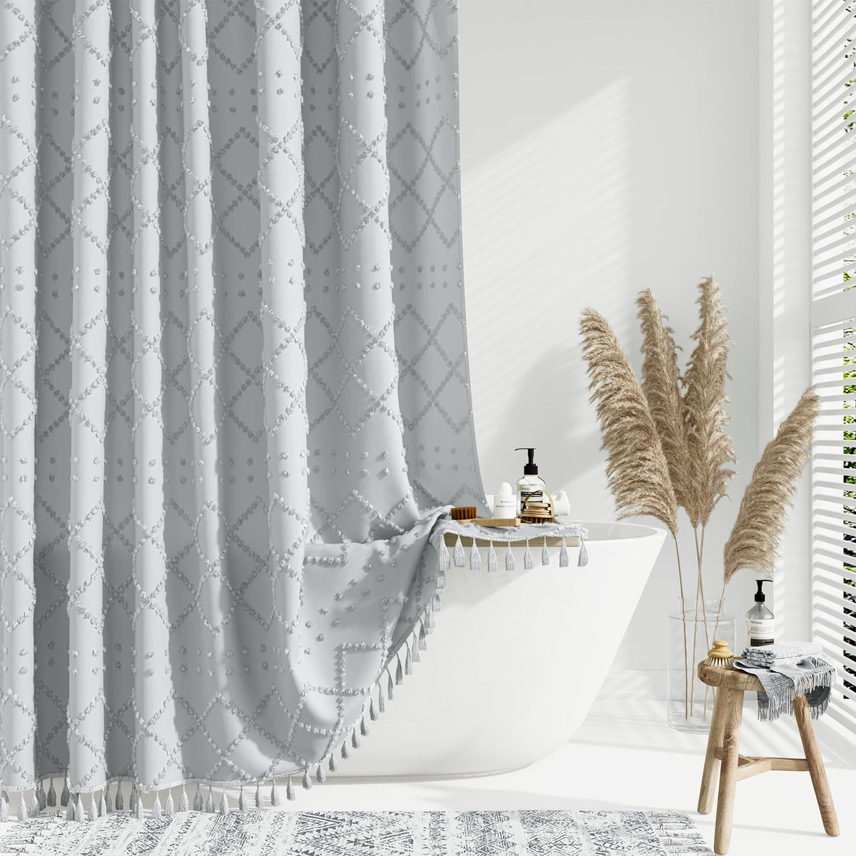 Dynamene Grey Fabric Shower Curtain, Boho Tufted Geometric Striped Tassel Shower Curtain For Bathroom, Shabby Chic Textured Mode