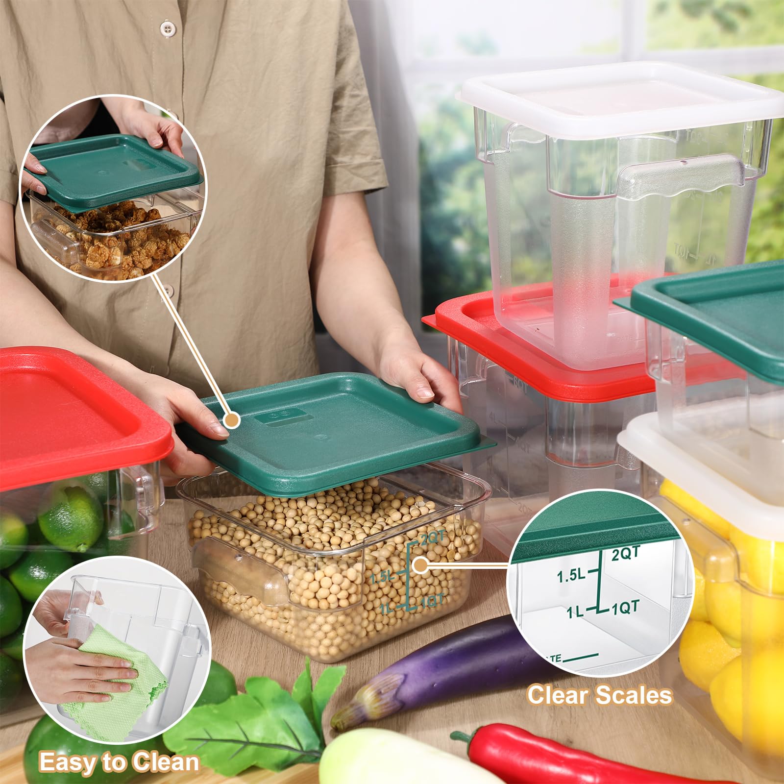 Tioncy Food Storage Container With Lids Set 2 Qt 4 Qt 6 Qt Square Clear Commercial Containers With Scales Handles For Home Resta