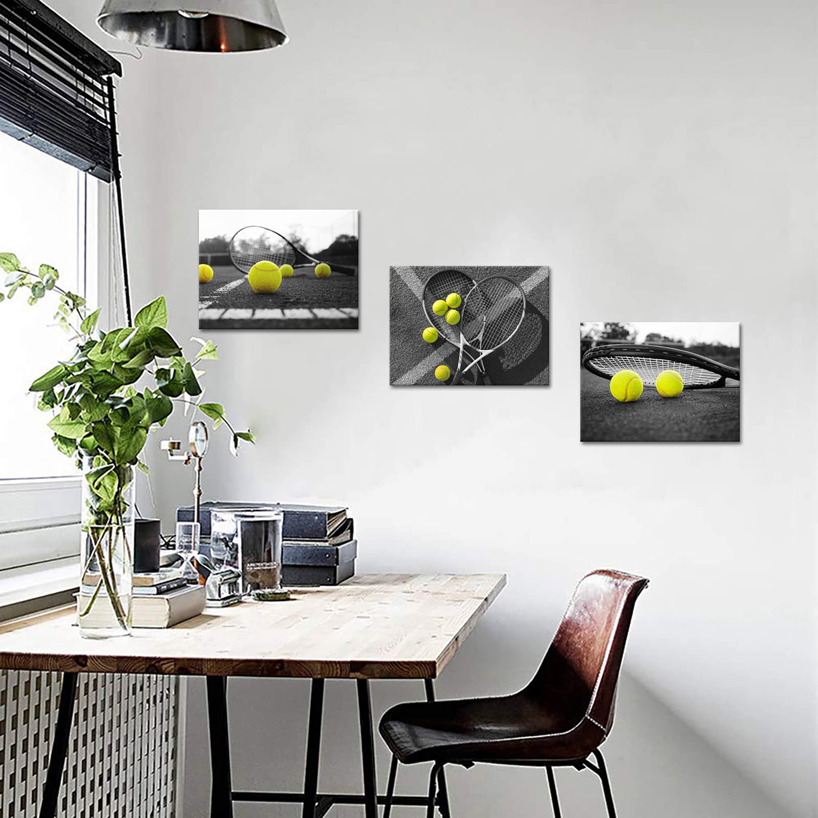 Derkymo 3 Pieces Tennis Pictures Artwork Black And White Canvas Wall Art Sport Theme Prints Framed For Tennis Club Gym Wall Deco