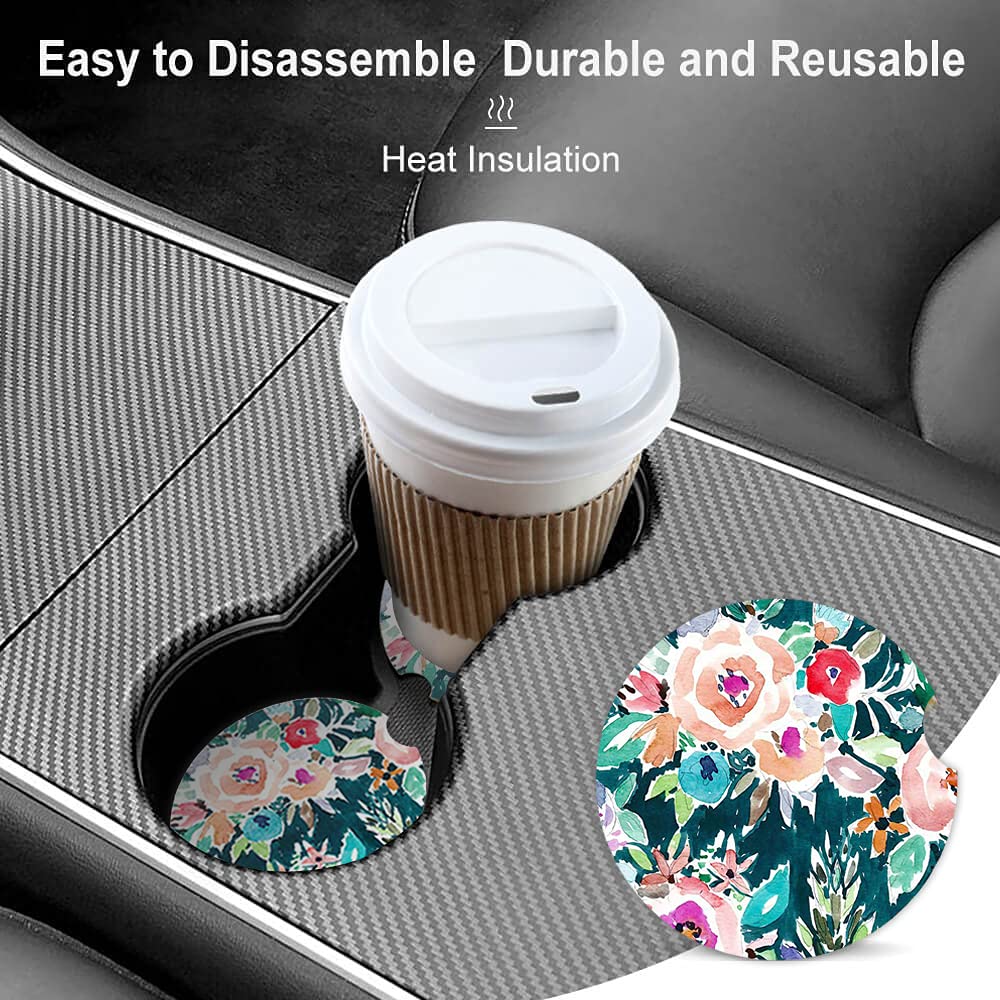 Water Color Floral Absorbent Cup Holders Car Coasters,Ceramic Stone Drinks Coaster Set For Women Man 2.56''(2 Pack)