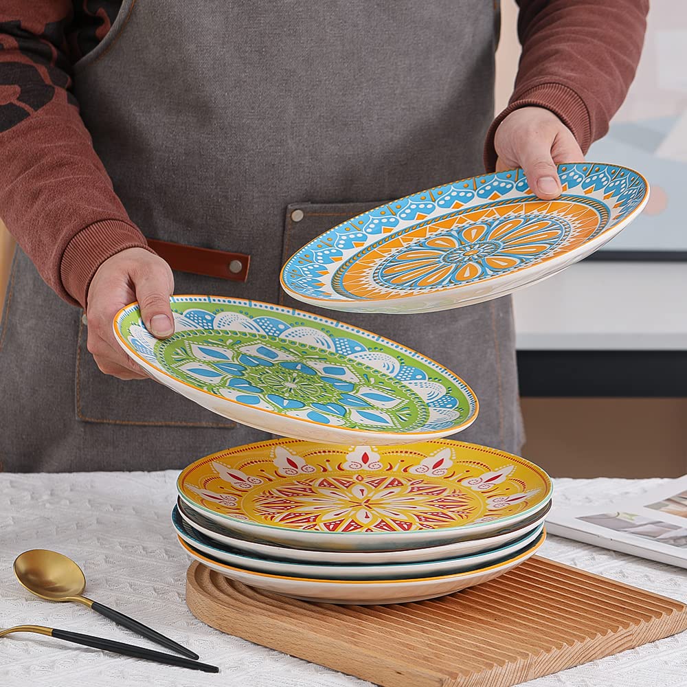 Ahx Dinner Plates Ceramic Plate Set - 10 Inch Large Porcelain Round Plate Sets Of 6 - Flat Colorful Pattern Dining Plates For Ki