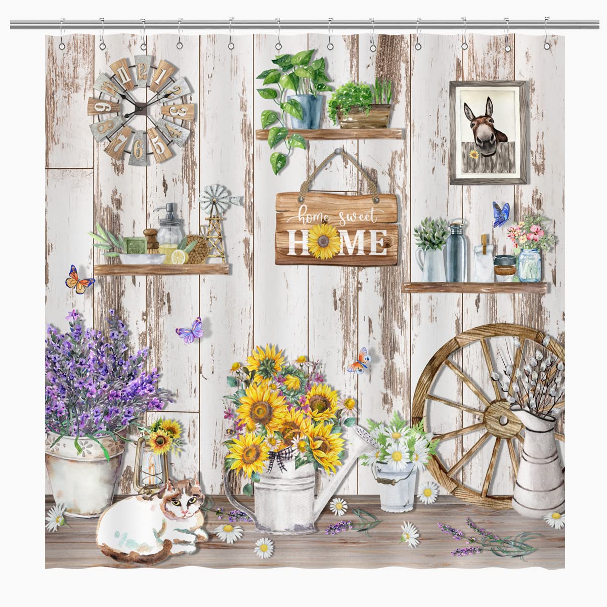 Biysuc Farmhouse Shower Curtain Rustic Wall Sunflowers Cat Country Vintage Style Wooden Board Home Bathroom Decor Waterproof Pol