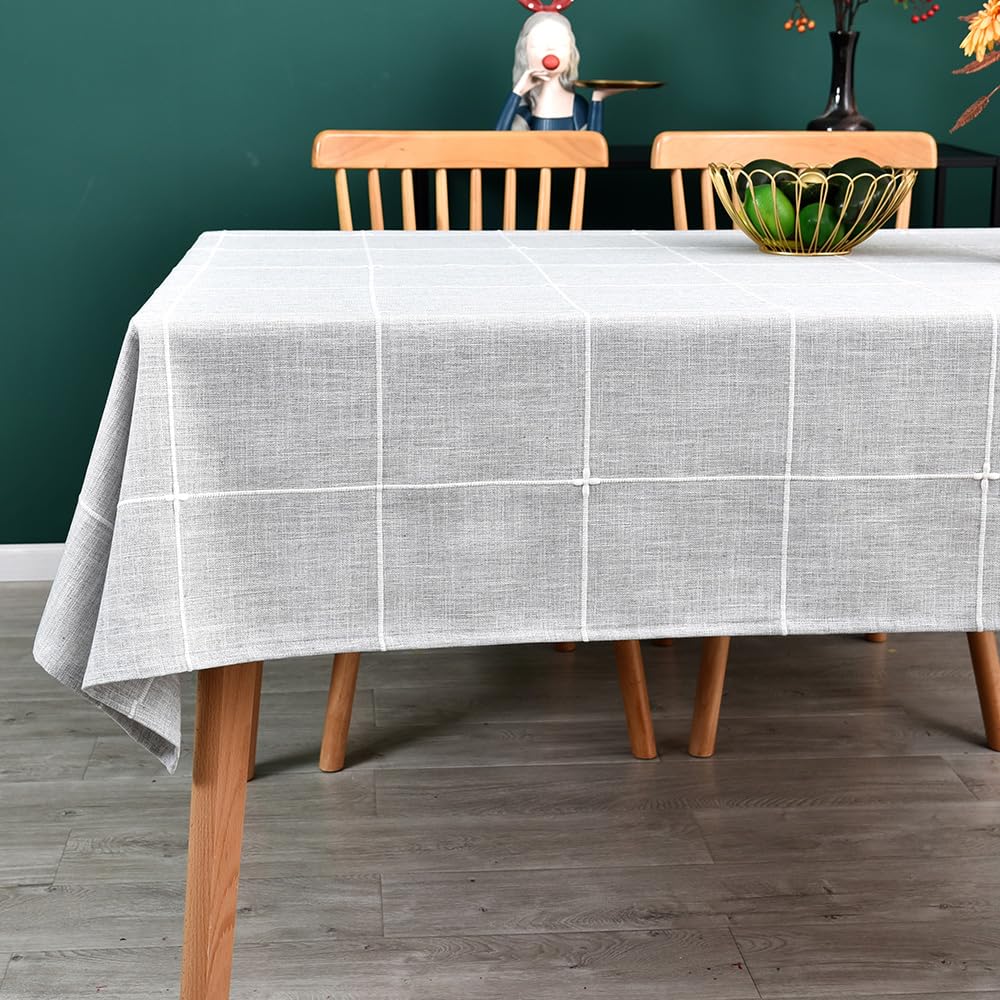 Yofori Farmhouse Table Cloth for Rectangle Tables Gray Plaid Boho Tablecloth Heavy Duty Cotton Linen Blend Washable & Wrinkle Re
