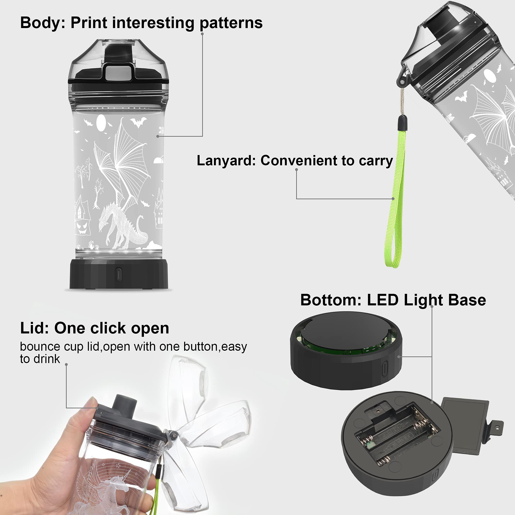 Ammonite Dragon 14 Oz Water Bottle With 3D Glowing Led Light - Bpa Free Tritan - Travel Cup Gift For Back To School Boy Child Ho