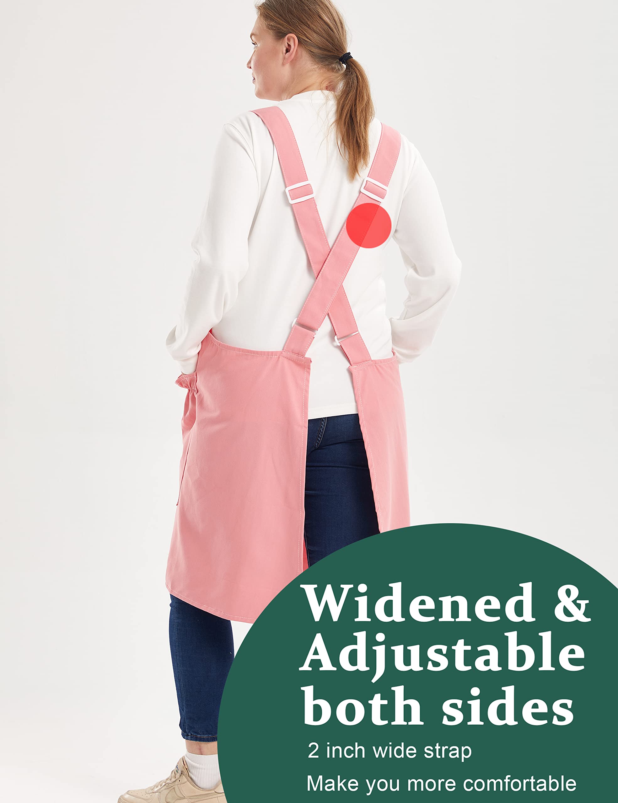 APRONNER Cross Back Plus Size Linen Aprons for Women with Pockets Blend Dress for Baking Cooking Gardening Works Pale Pink