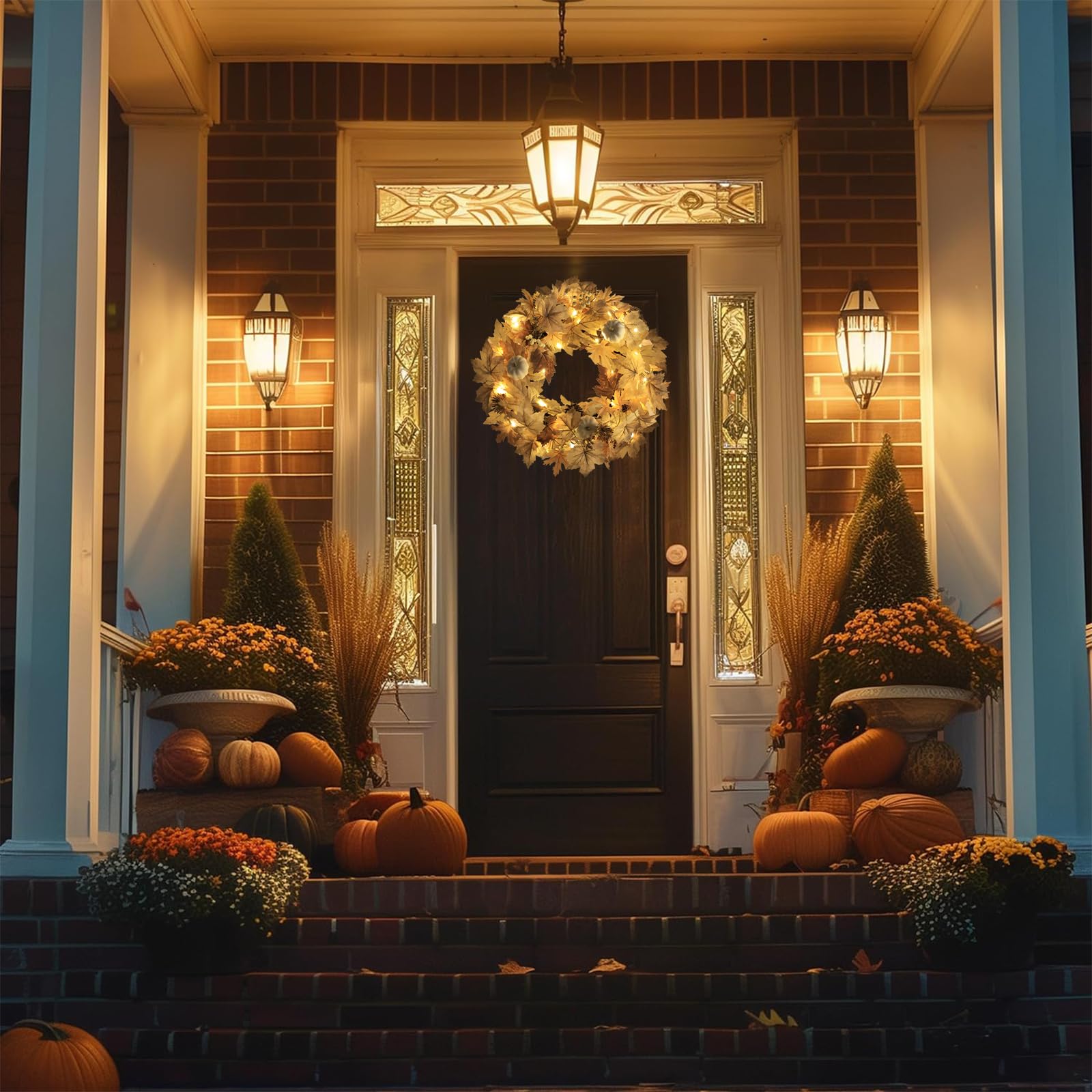 Realistic Fall Wreath with Lights, 22 Fall Wreaths for Front Door with Pumpkins Fall Leaves Berries Pine Cones,Autumn Wreath Fal
