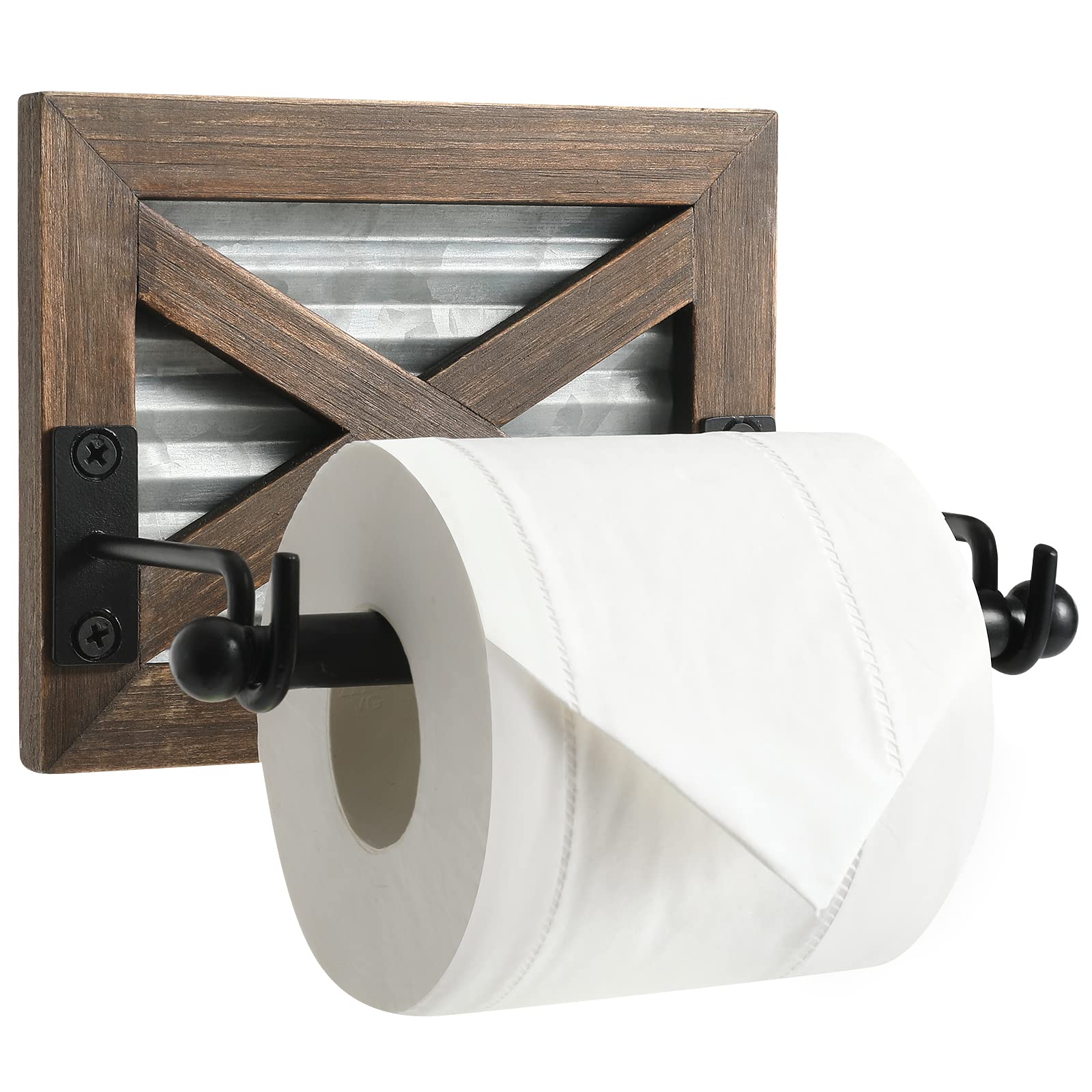 Farmhouse Toilet Paper Holder With Galvanized Metal& Black Metal - Rustic Warm Brown Wood Wall Mount Toilet Roll Holder For Bath
