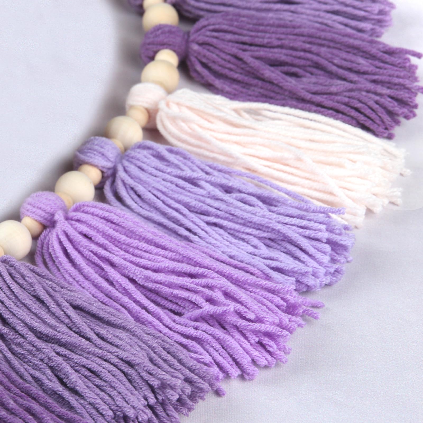 GIAUMA Purple Yarn Tassel Garland with Wood Beads Boho Lavender Wall Hanging Bunting Banner Decor for Classroom Kids Dorm Room B