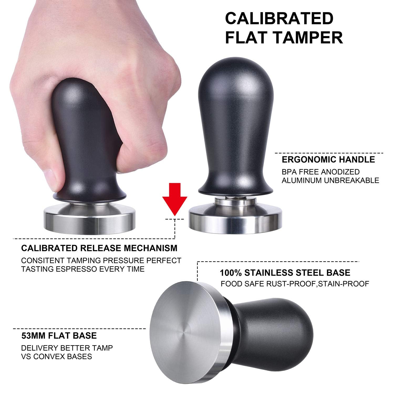 Matow 53Mm Calibrated Espresso Tamper, Calibrated Coffee Tamper With Spring Loaded Anodized Aluminum Handle Stainless Steel Flat