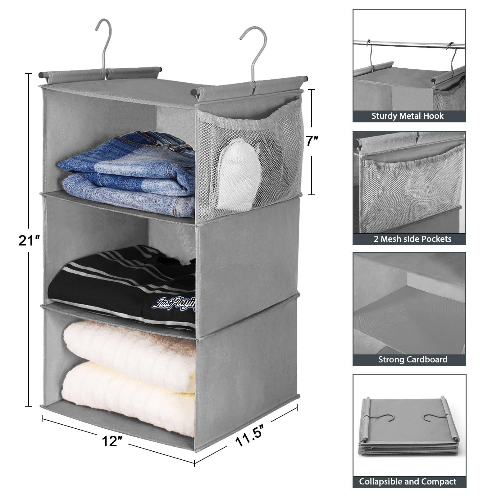 Max Houser 3 Tier Shelf Hanging Closet Organizer, Closet Hanging Shelf With 2 Sturdy Hooks For Storage, 2 Pack, Foldable (Grey)
