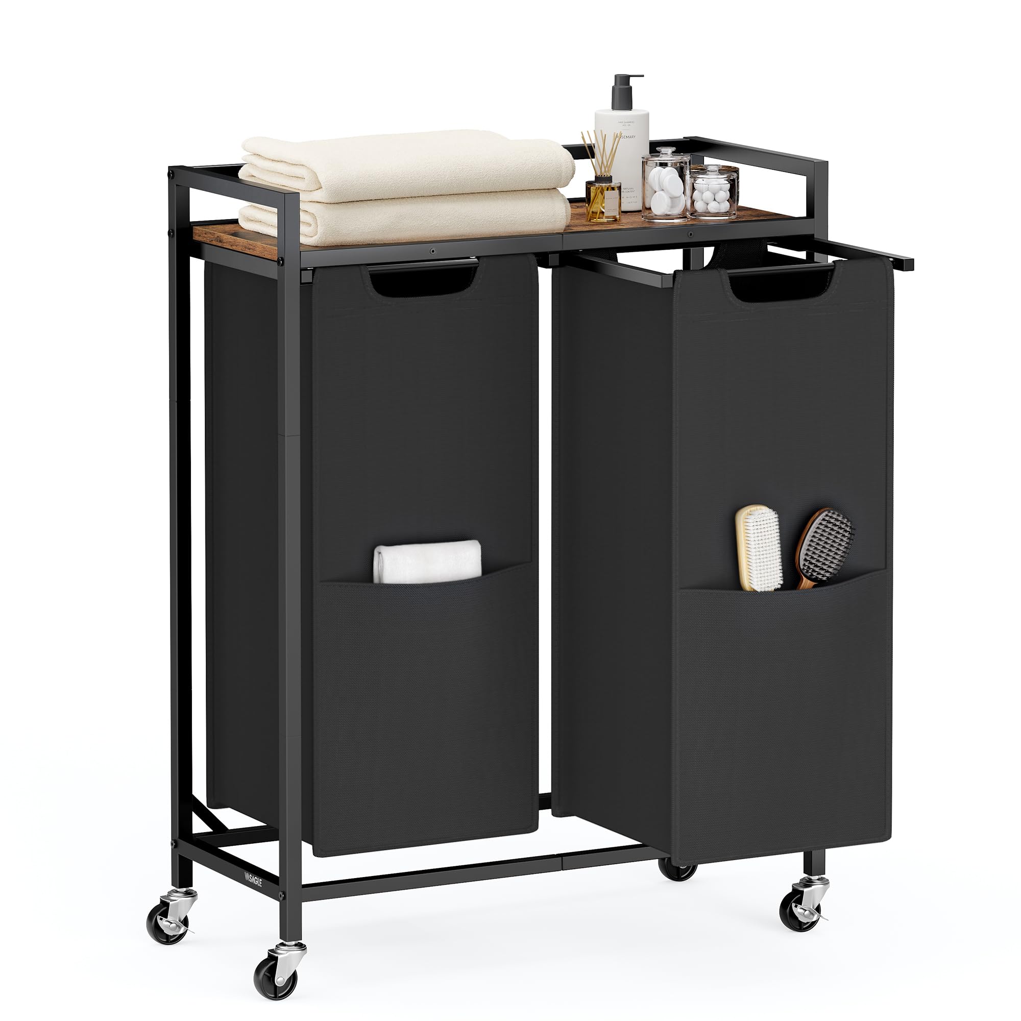 VASAGLE Laundry Sorter, 29 Gal. (110 L) Laundry Hamper Basket with 2 Compartments, Rolling Cart with Wheels, Shelf, Removable Ba