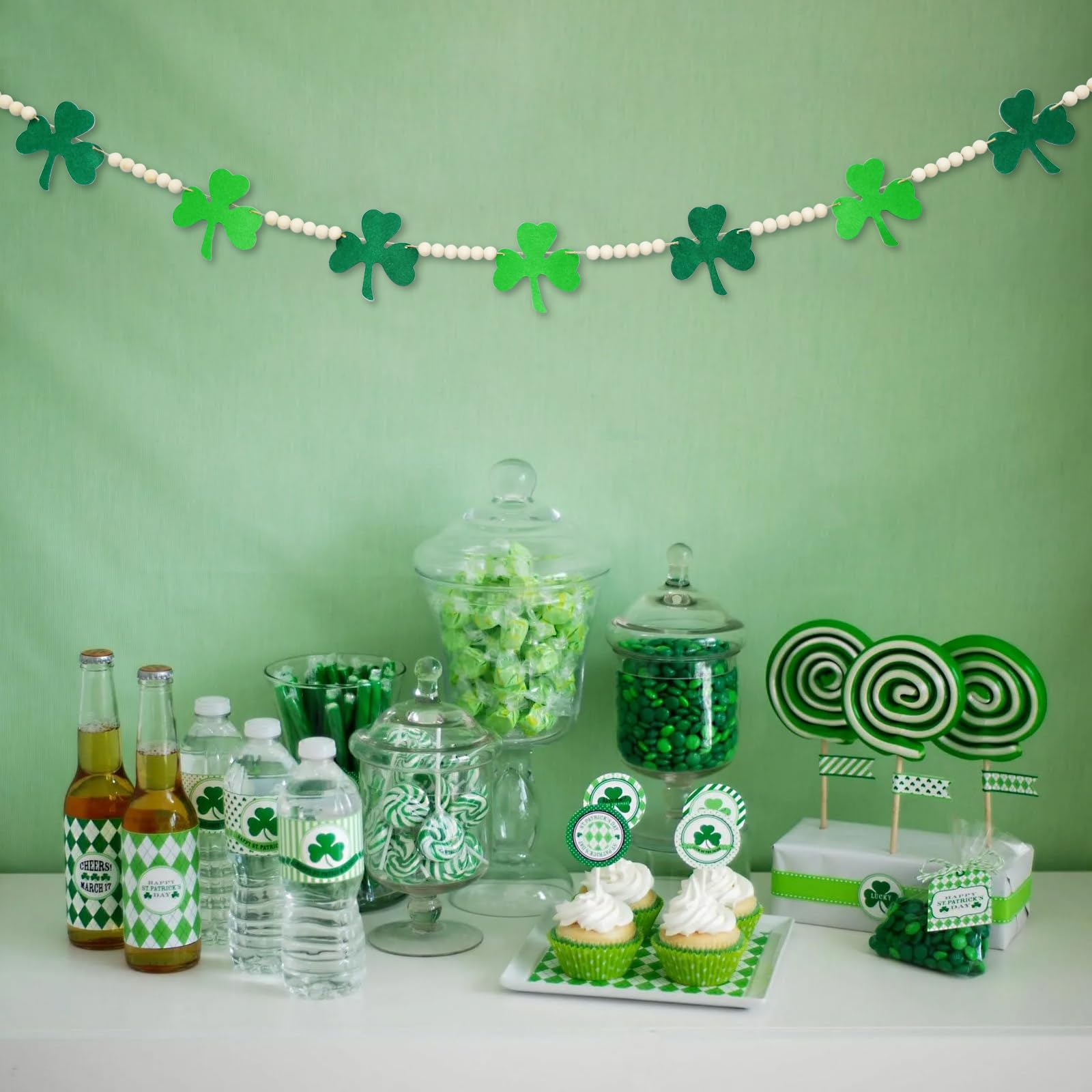 4.2 Ft St. Patrick'S Day Wooden Beads Garland With Clover Charms, Irish-Themed Shamrock Beaded Tiered Tray Decor, Rustic Farmhou