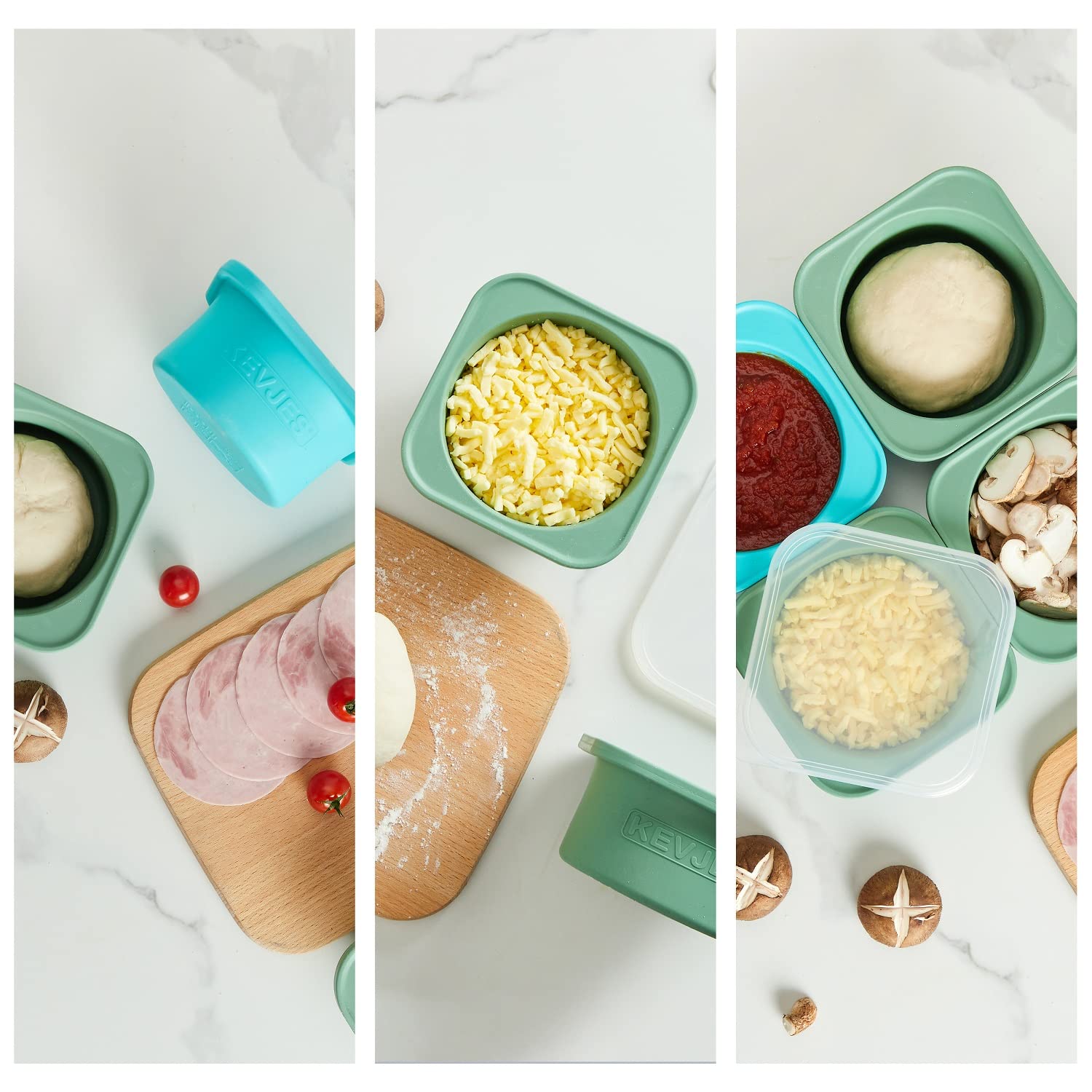 KEVJES Stackable Silicone Artisan Pizza Dough Proofing Proving Containers with Lids-3 pack-500ml Portion (Blue)