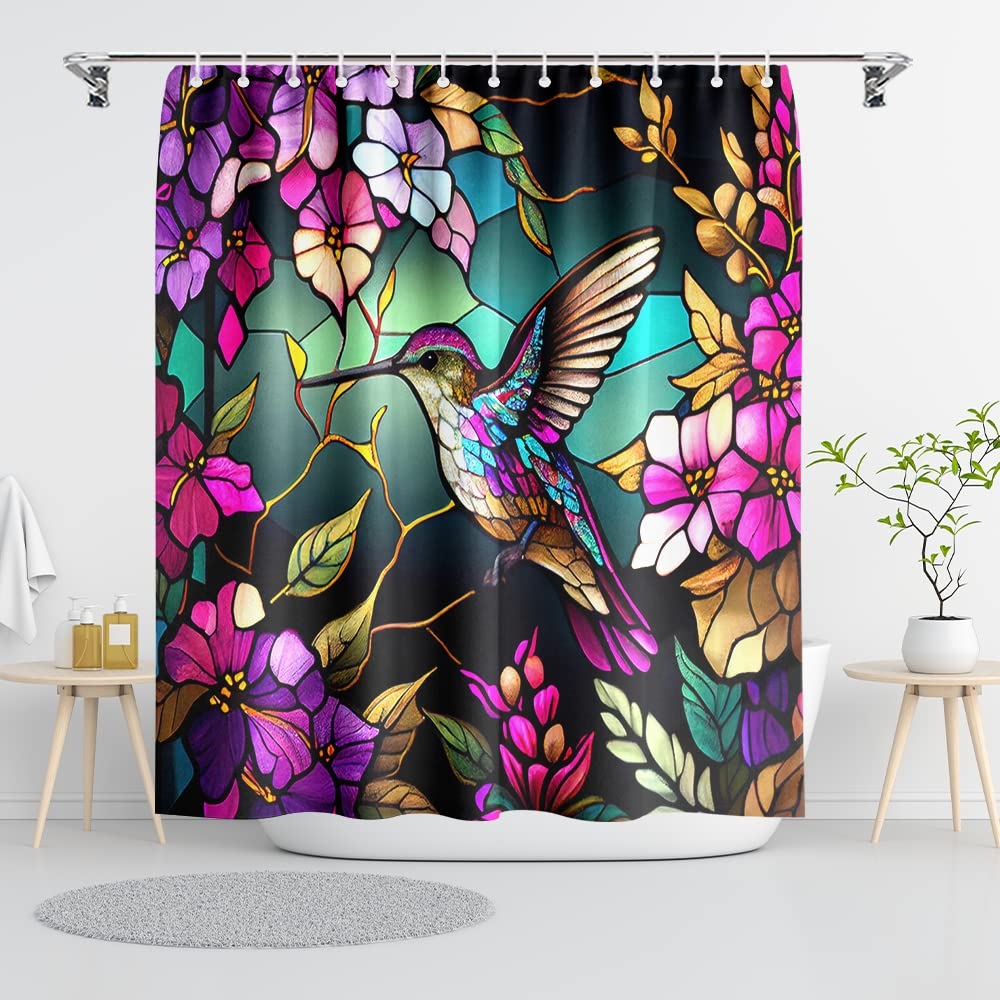 Reateforin Spring Shower Curtain Flower,Hummingbird Shower Curtain For Bathroom With Hooks,Watercolor Polyester Fabric Shower Cu