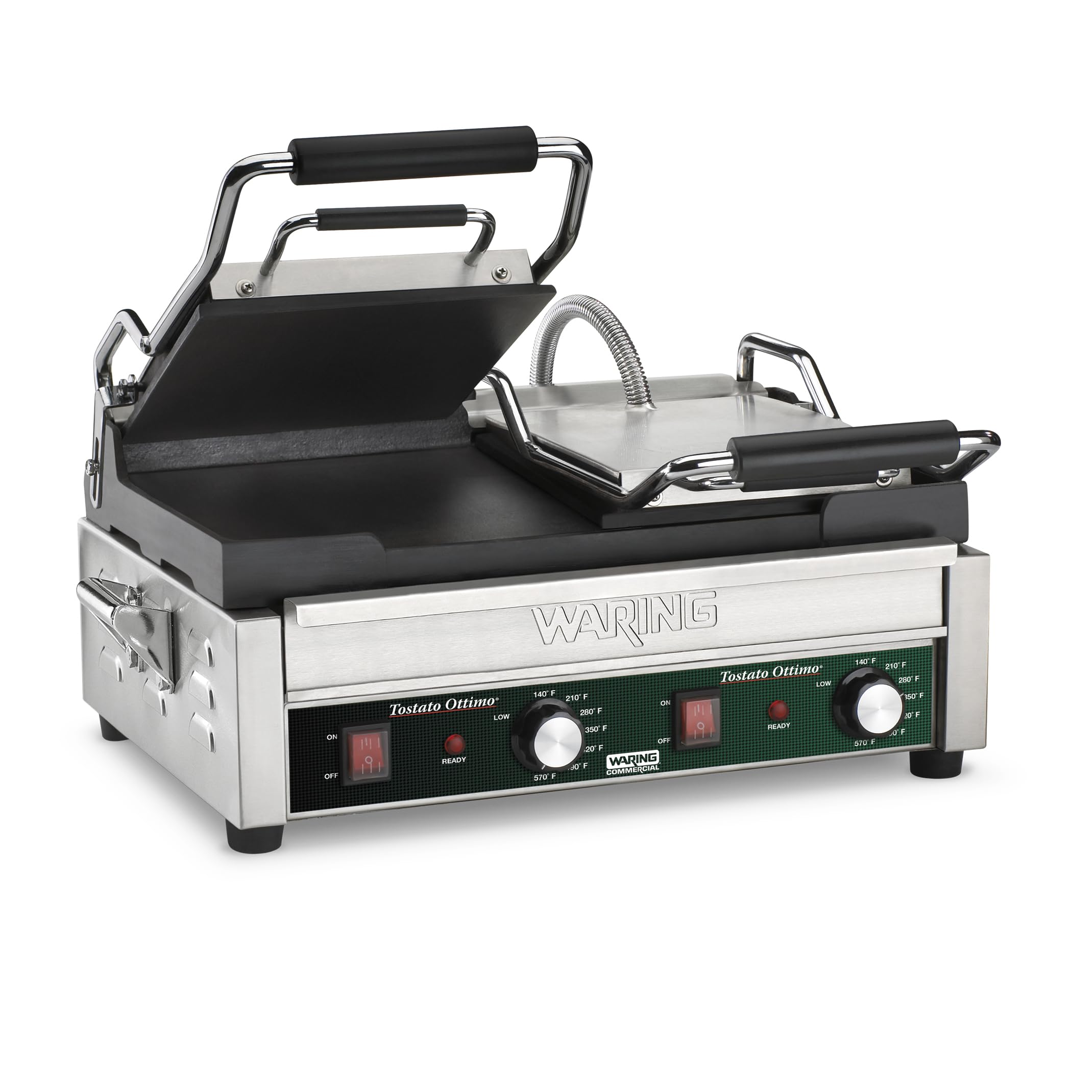 Waring Commercial Panini Press, Double Flat Cast Iron Plates, 17 x 9.25 Cooking Surface, 570F Adjustable Thermostat, for Sandwic