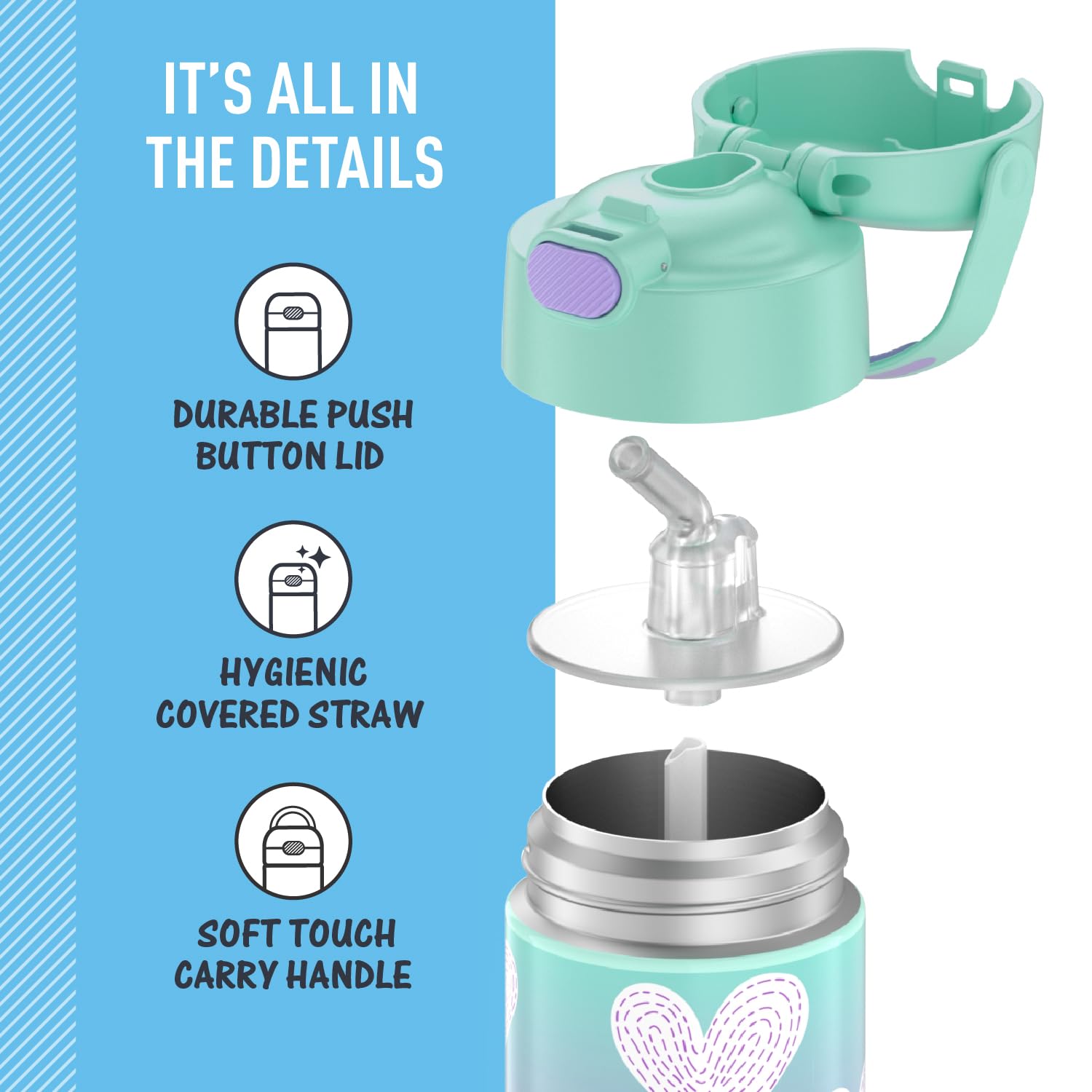 Thermos Funtainer Water Bottle With Straw - 12 Ounce, Purple Hearts - Kids Stainless Steel Vacuum Insulated Water Bottle With Li