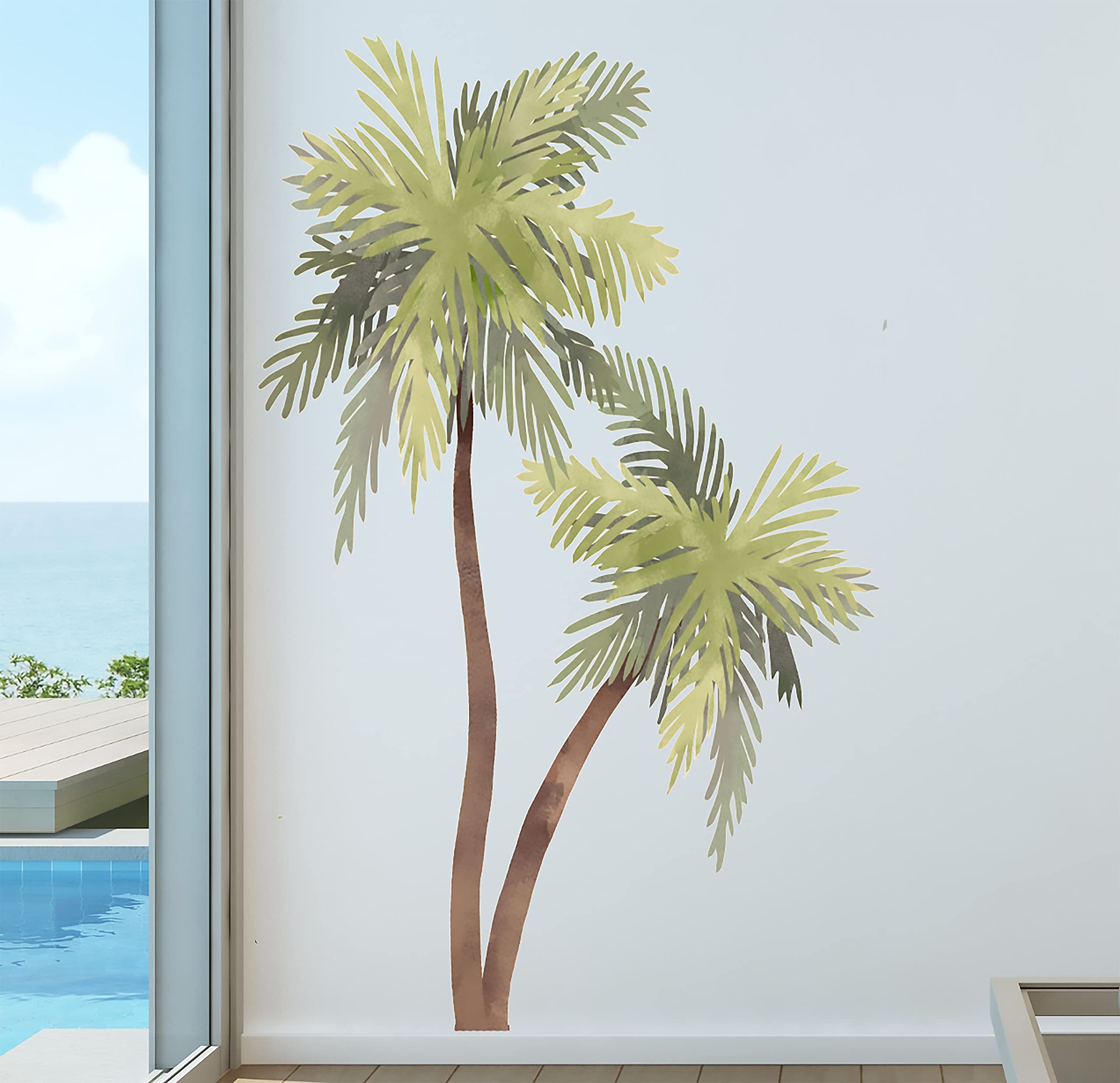 Palm Tree Watercolor Wall Decal Beach House Art D  Cor Sticker Tropical Print Bird Seagulls Included, 72 '' Tall (2)