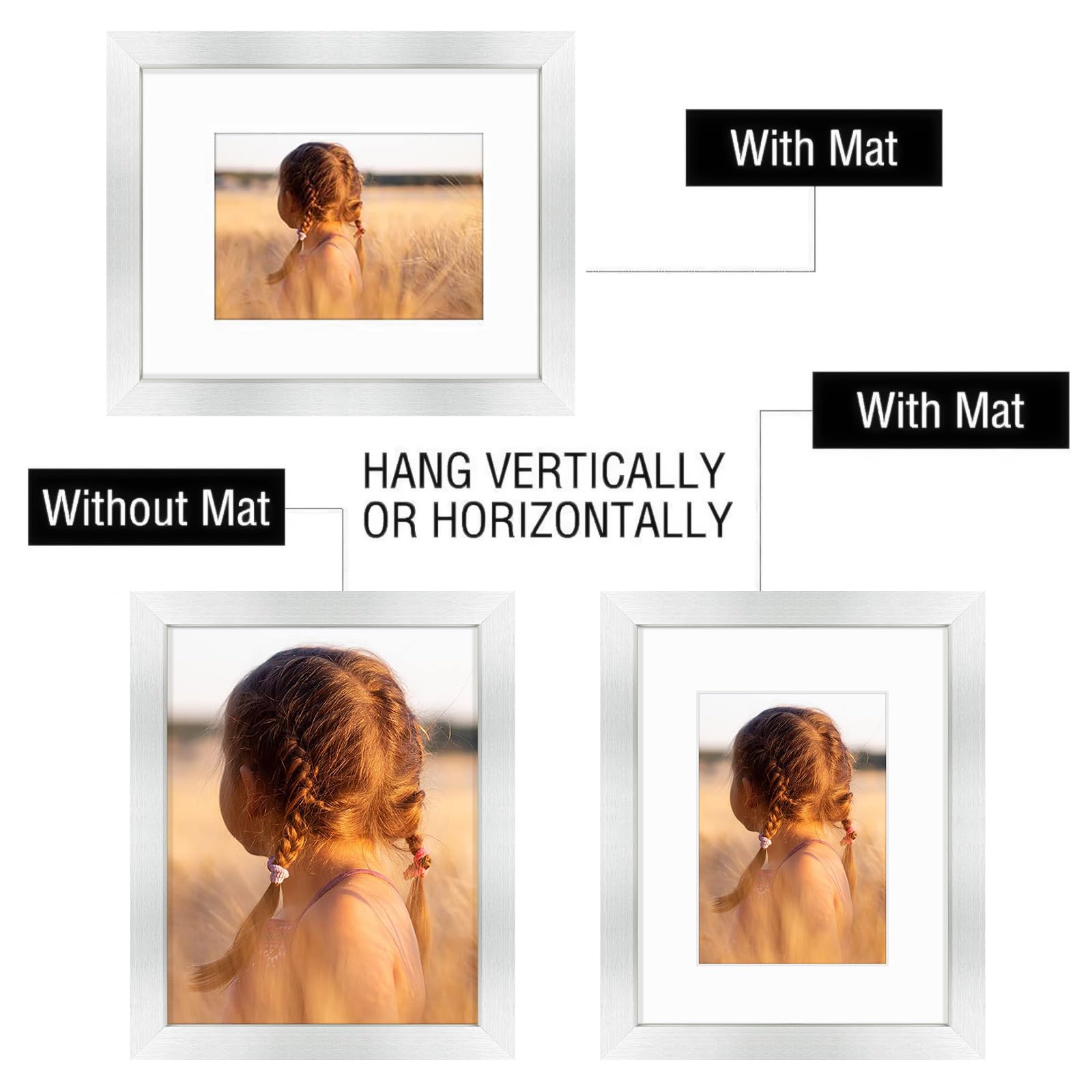 Golden State Art, 8x10 Picture Frame with Mat for 5x7 Photo - High Definition Glass Wall Mounting or Tabletop Display (Silver, 1