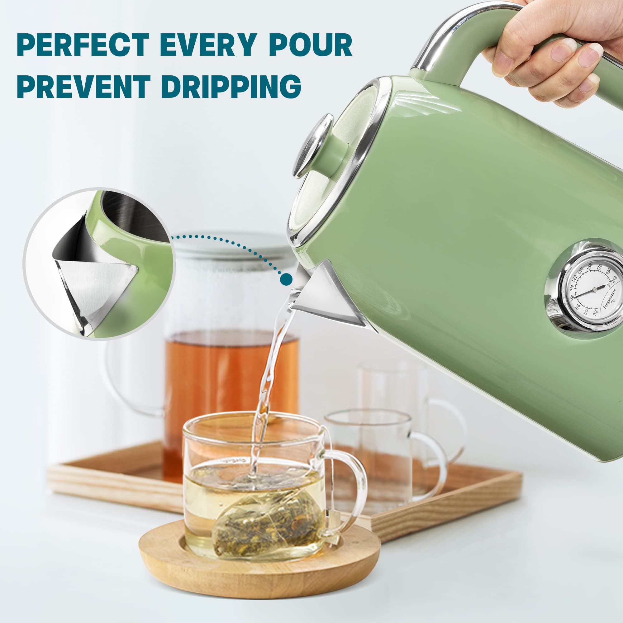 SUSTEAS Electric Kettle - 57oz Stainless Steel Water Boiler with Thermometer, Retro Green, 1500W Fast Heating, Auto Shut-Off