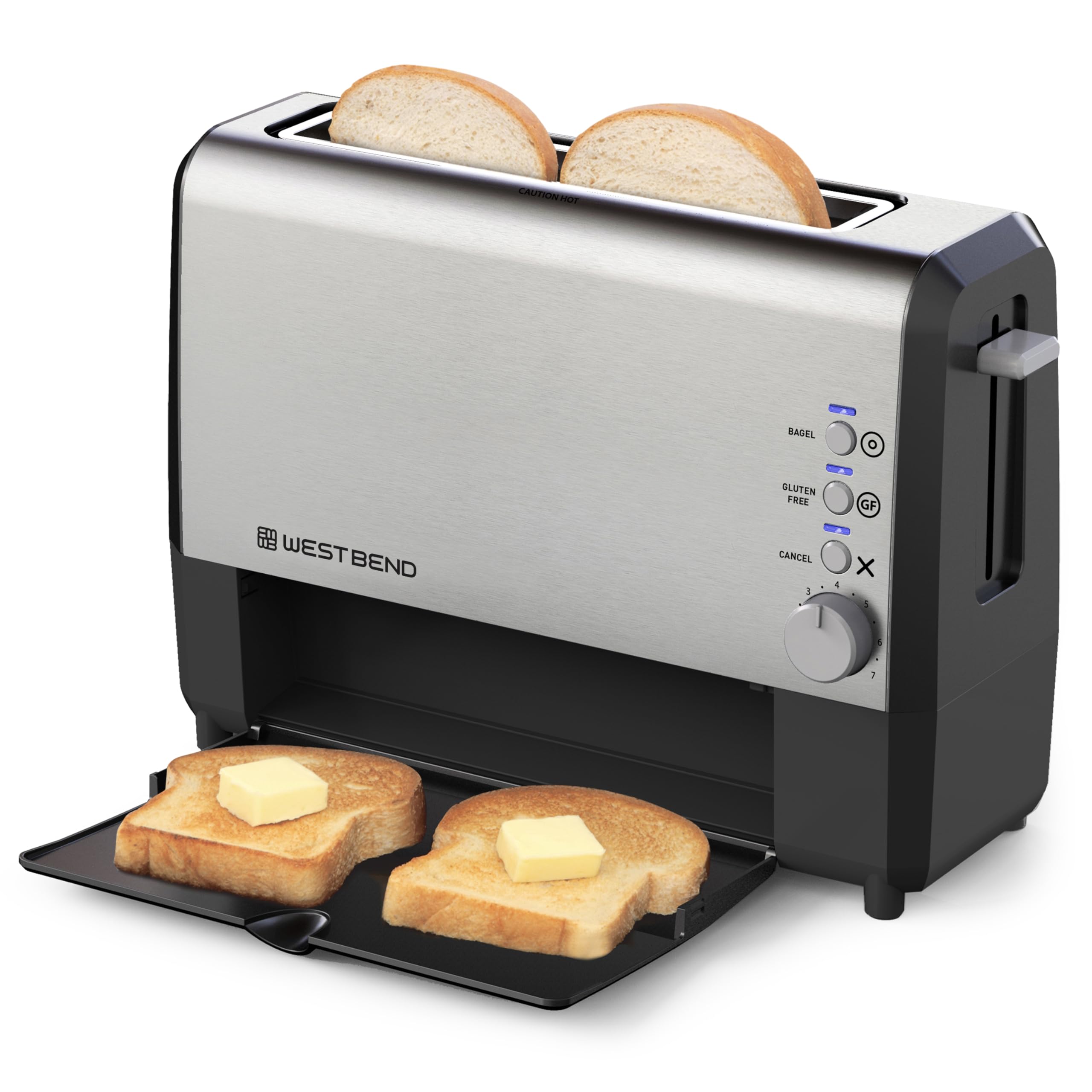 West Bend 77222 Toaster 2 Slice QuikServe Wide Slot Slide Through with Bagel and Gluten-Free Settings and Cool Touch Exterior In