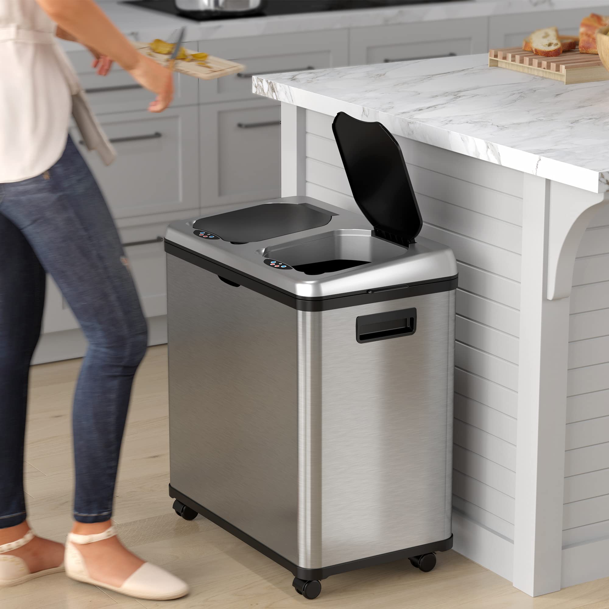 Itouchless 16 Gallon Touchless Trash Can Bin With Wheels, Stainless Steel, Compartment (8 Gal Each), Kitchen Recycling And Garba