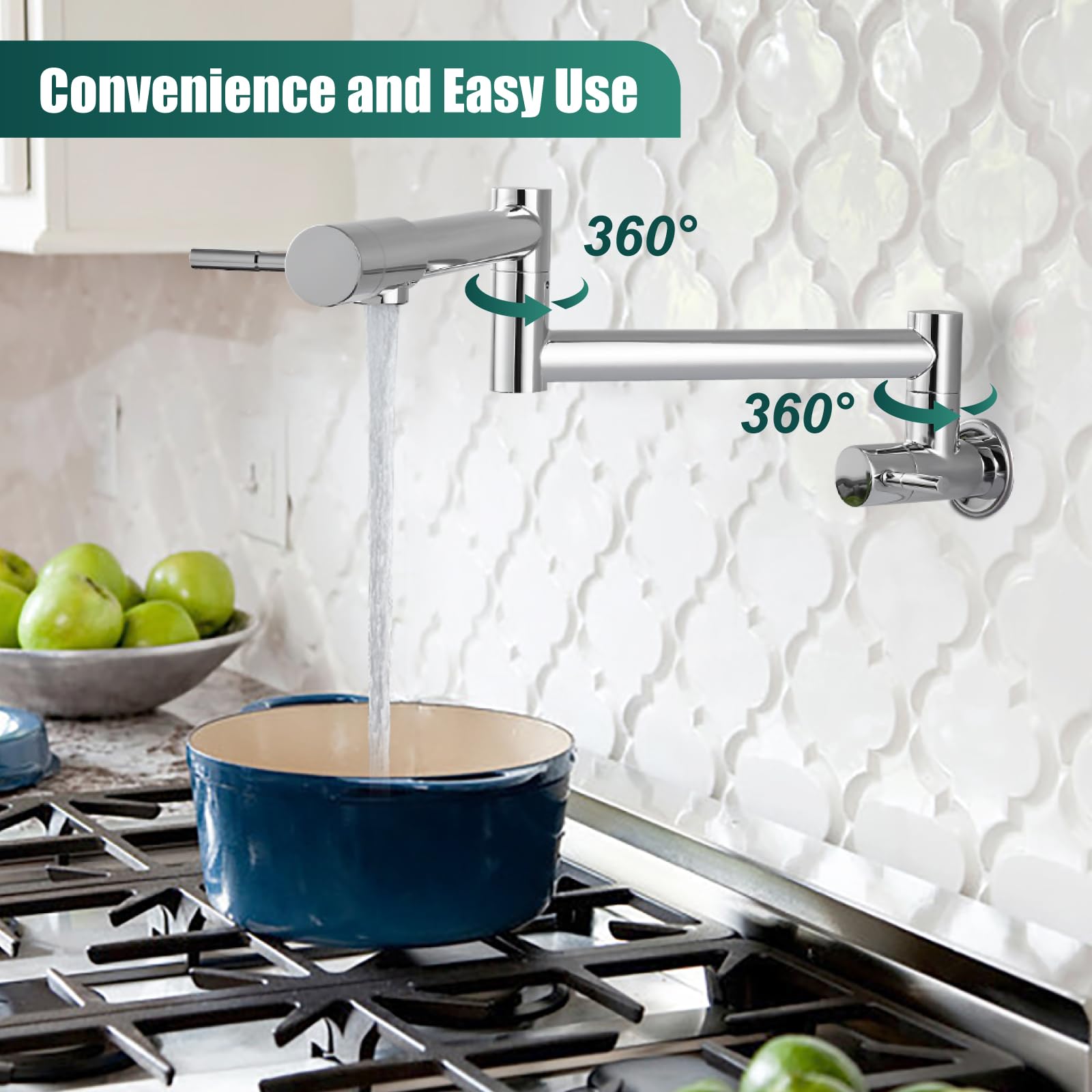 Heyalan Kitchen Restaurant Faucet Polished Chrome 19 Inch Wall Mounted Folding Stretchable Double Joint Swing Arm Single Hole Two Handles Commercial NPT Stainless Steel Pot Filler