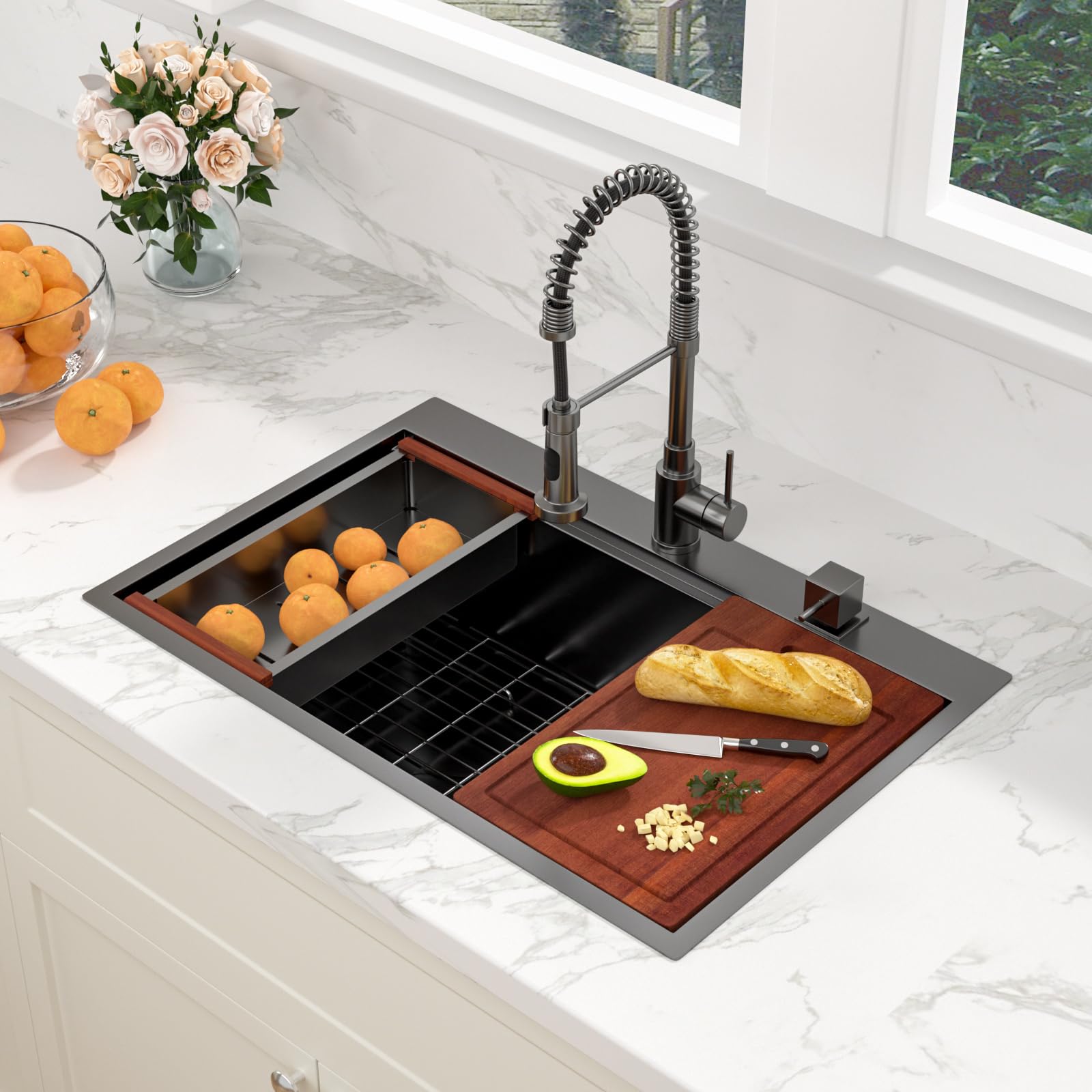 Sarlai 30 Drop Kitchen Sink Black Stainless Steel - 30 X 22 Inch Kitchen Sink Drop In Topmount Ledge Workstation 16 Gauge Gunmet