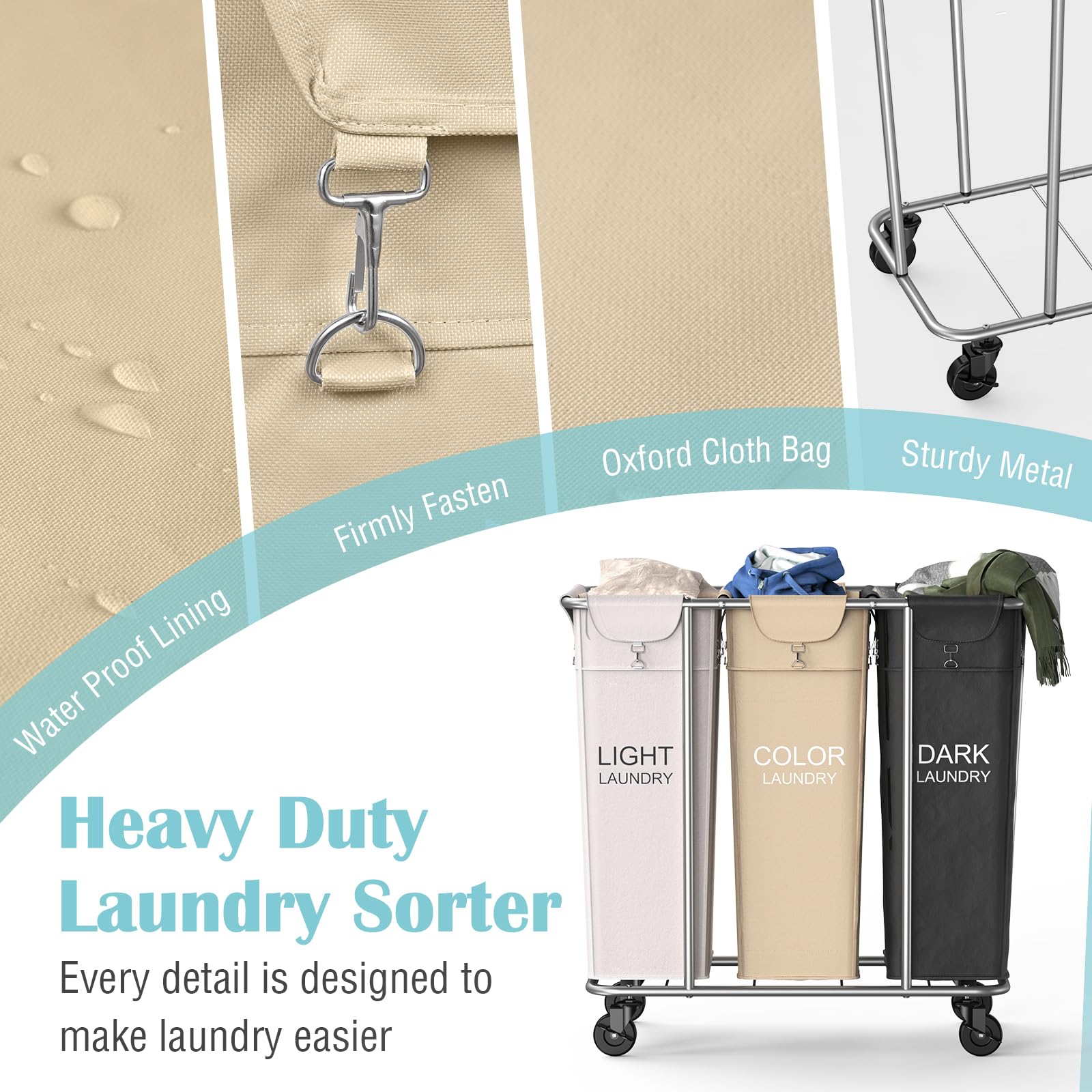 Plkow Laundry Sorter 3 Section, 220L Large Laundry Cart With Wheels 3 Hamper Laundry Sorter With Steel Frame And Removable Bag,