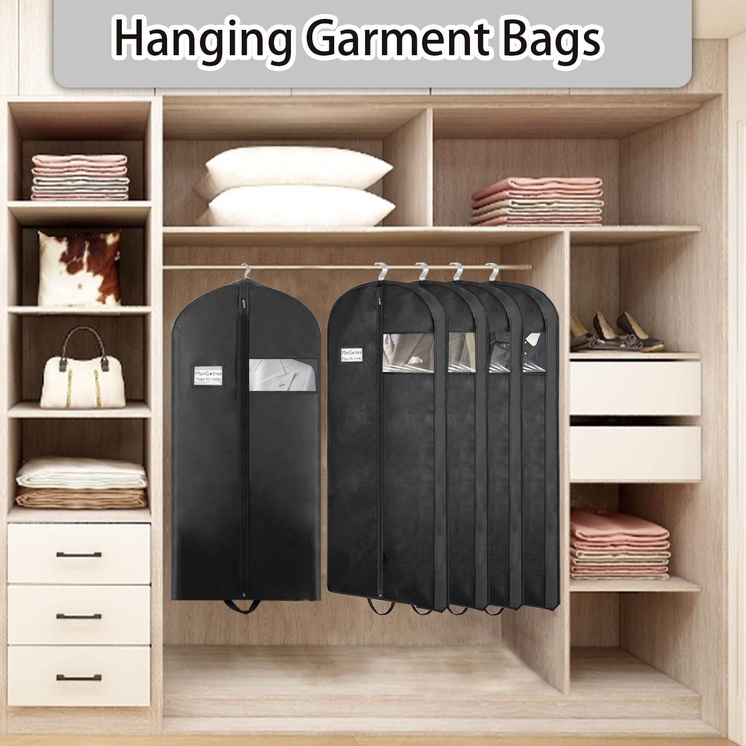 Mangotree 54'' Garment Bags, Suit Bags For Closet Storage And Travel, Portable Garment Covers With Handle, Nonwoven Breathable C
