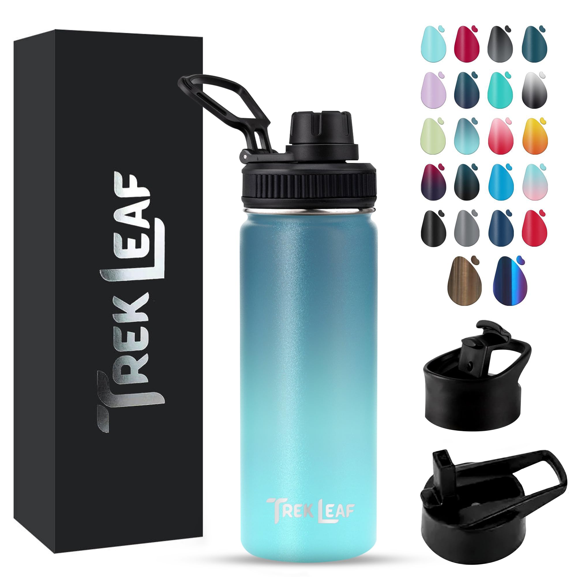 Trek Leaf Travel Water Bottle with 3 Lids (Spout, Straw, Flip) Leak Proof, Quality, Vacuum Insulated, Stainless Steel (Storm Clo