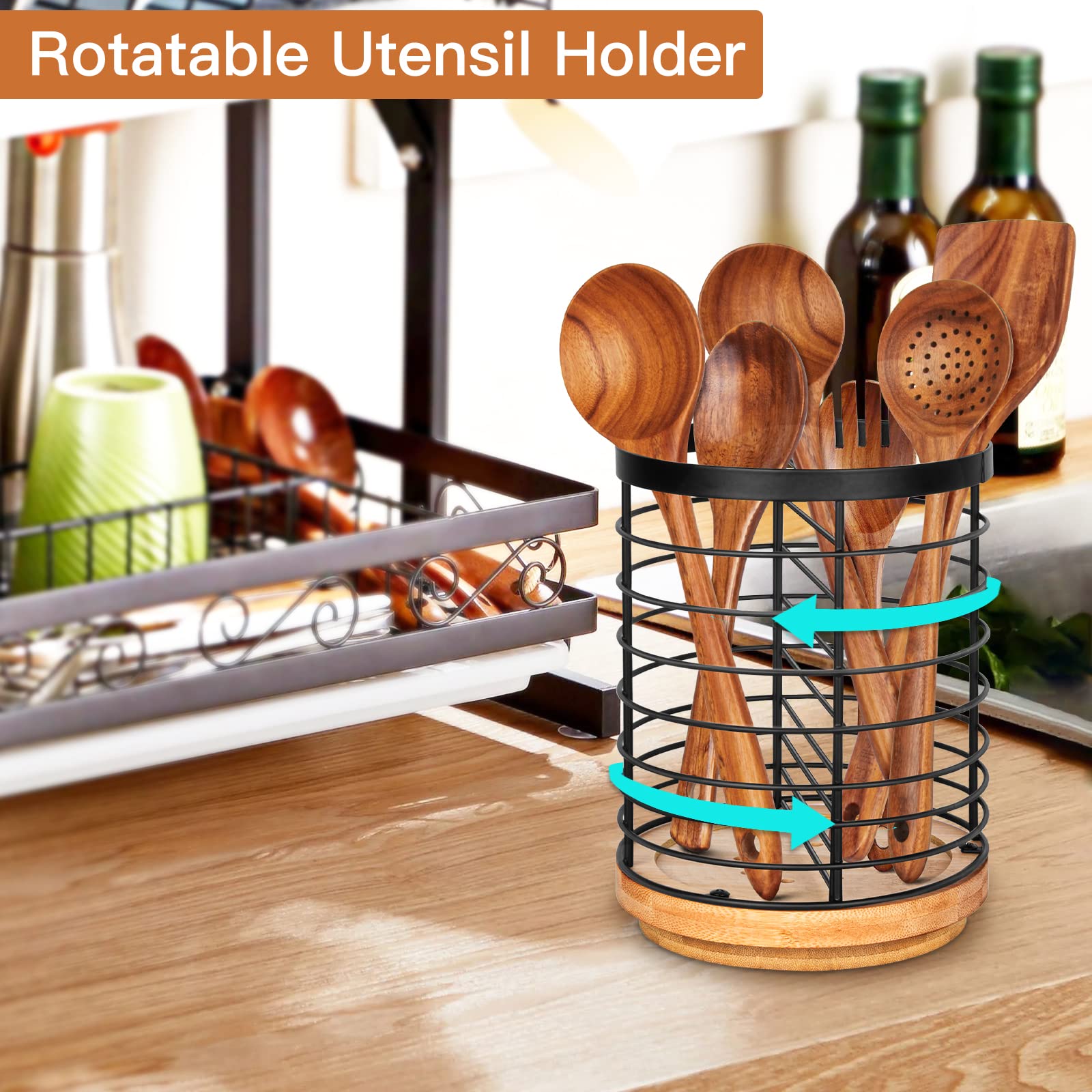 Toosci Utensil Holder For Kitchen Counter, Large Cooking Utensil Holder, Black Metal+Bamboo Base Utensil Holder, Breathable And