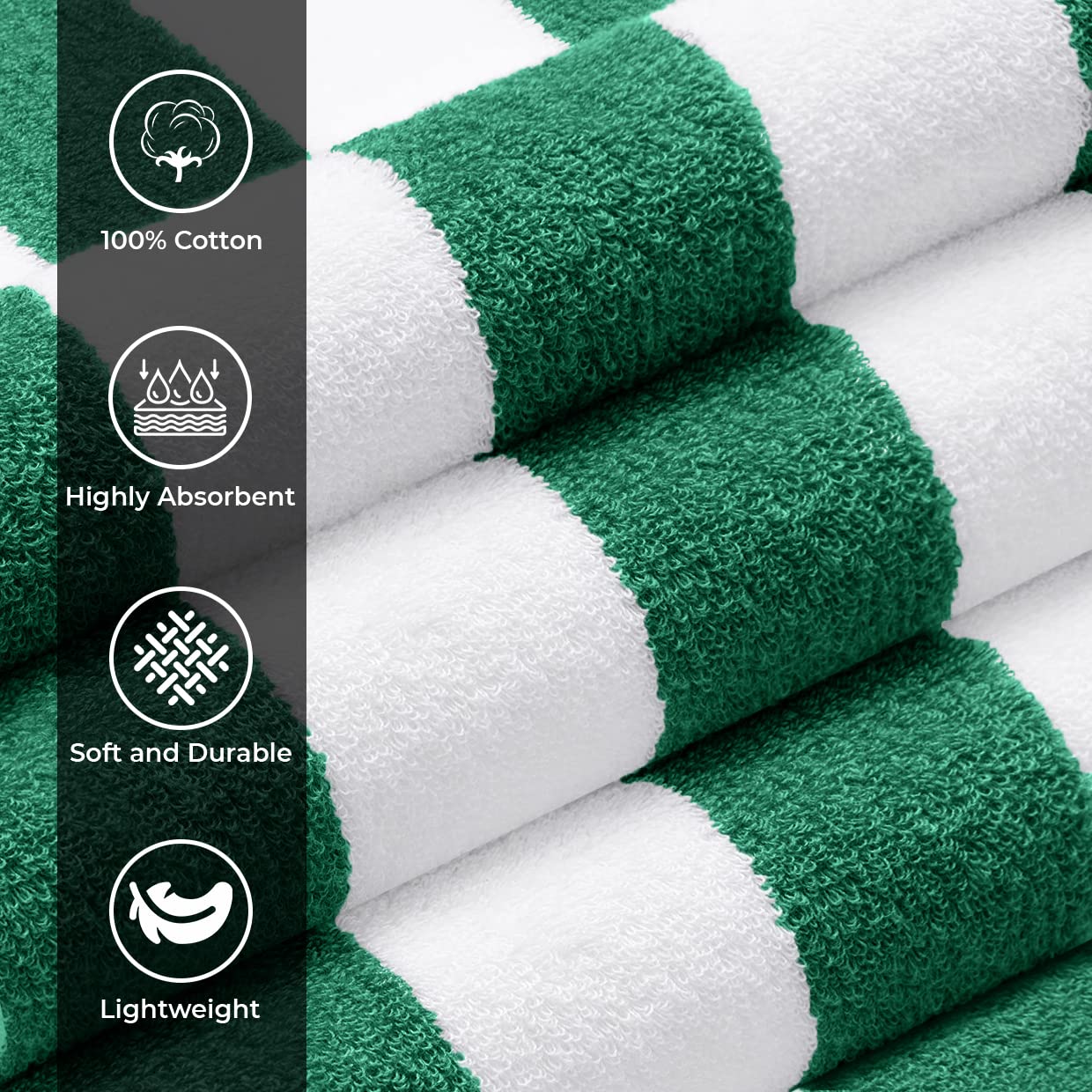 Avalon Cabana Beach Towels 4 Pack (Size 30x60) Inches Oversized  100% Ring Spun Cotton  Highly Absorbent Large Pool Towels  Super Soft and Quick Drying  Perfect for Gifts (Green Stripe)