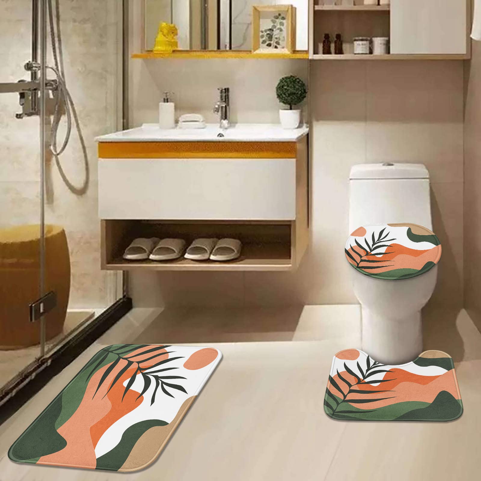 Tayney Boho Mid Century Shower Curtain Set With Toilet Lid Cover And Non-Slip Rugs, Abstract Sun Mountain Plants 4 Pcs Modern Sh