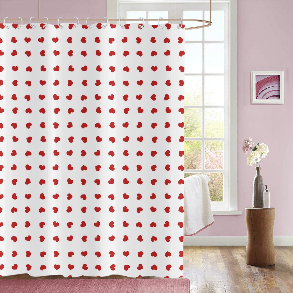 Gcirec Valentine'S Day Shower Curtain, Weighted Bottom Romantic Love Theme Red Little Heart Farmhouse Girly Girly Fabric Bathroo