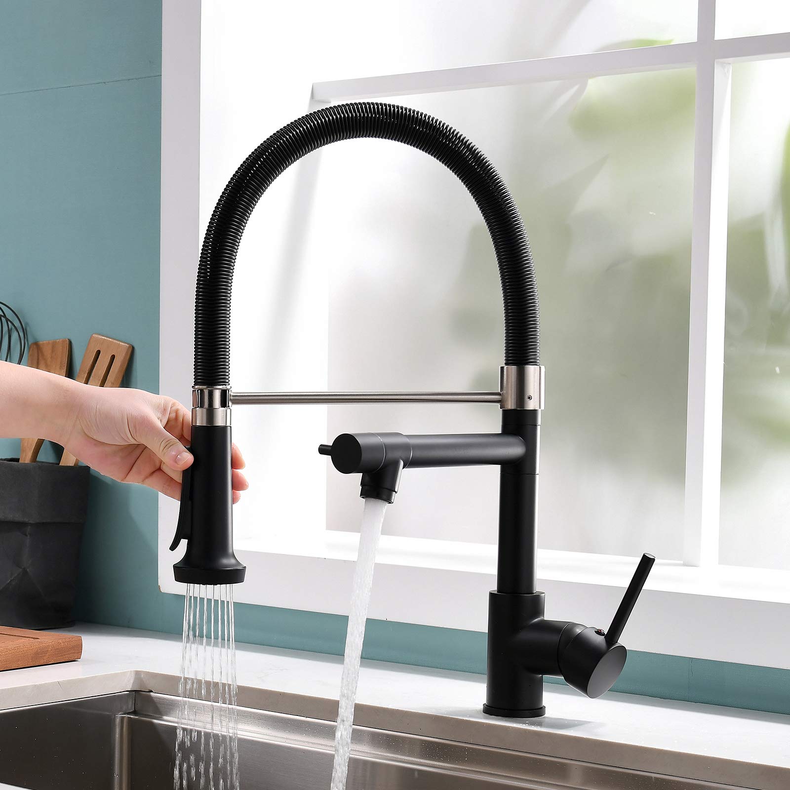 Pull Down Kitchen Faucet With Sprayer,Fapully Commercial Black Spring Kitchen Sink Faucet With Brushed Nickel