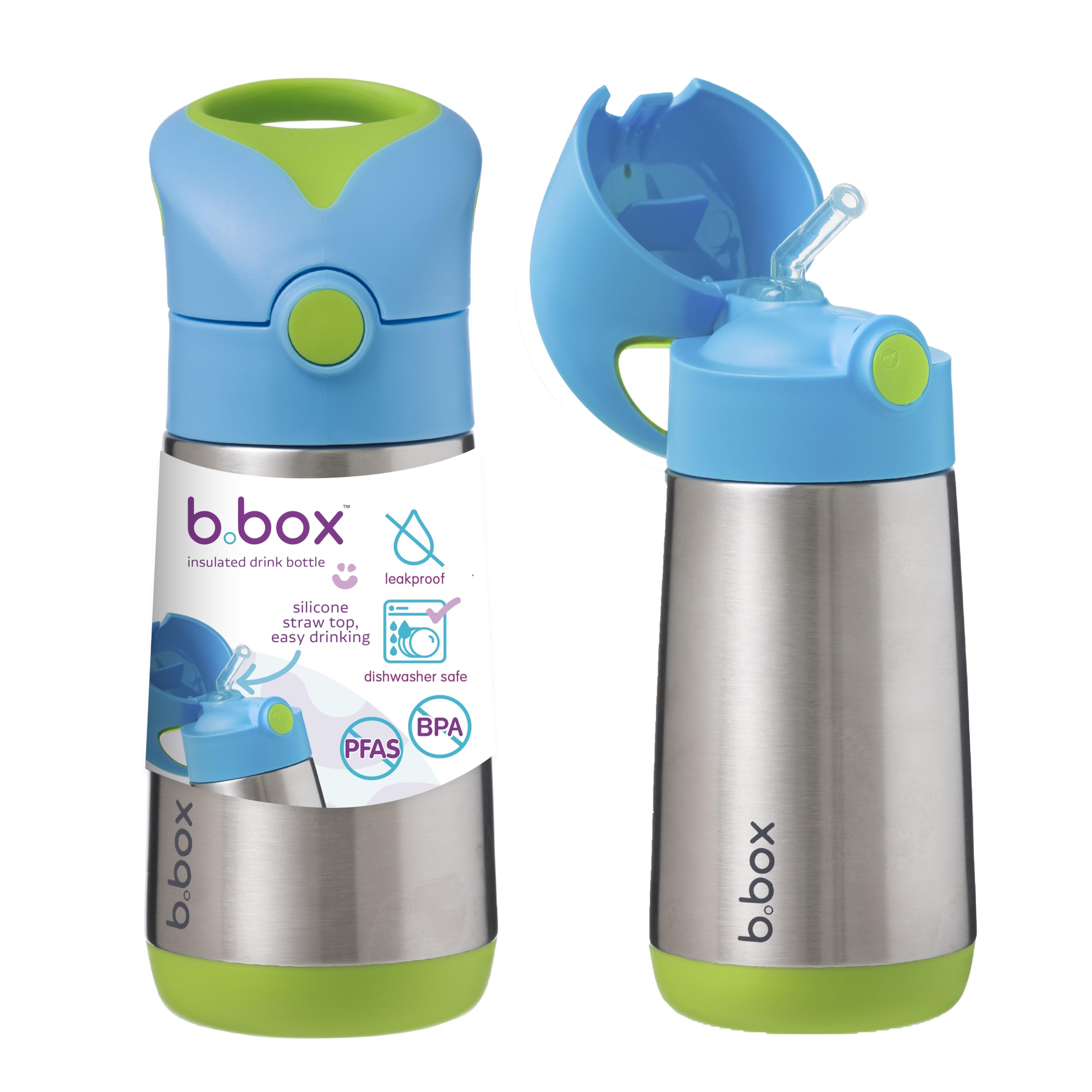 B.Box Insulated Straw Sipper Drink Water Bottle 350Ml Ocean Breeze Blue Green(450)