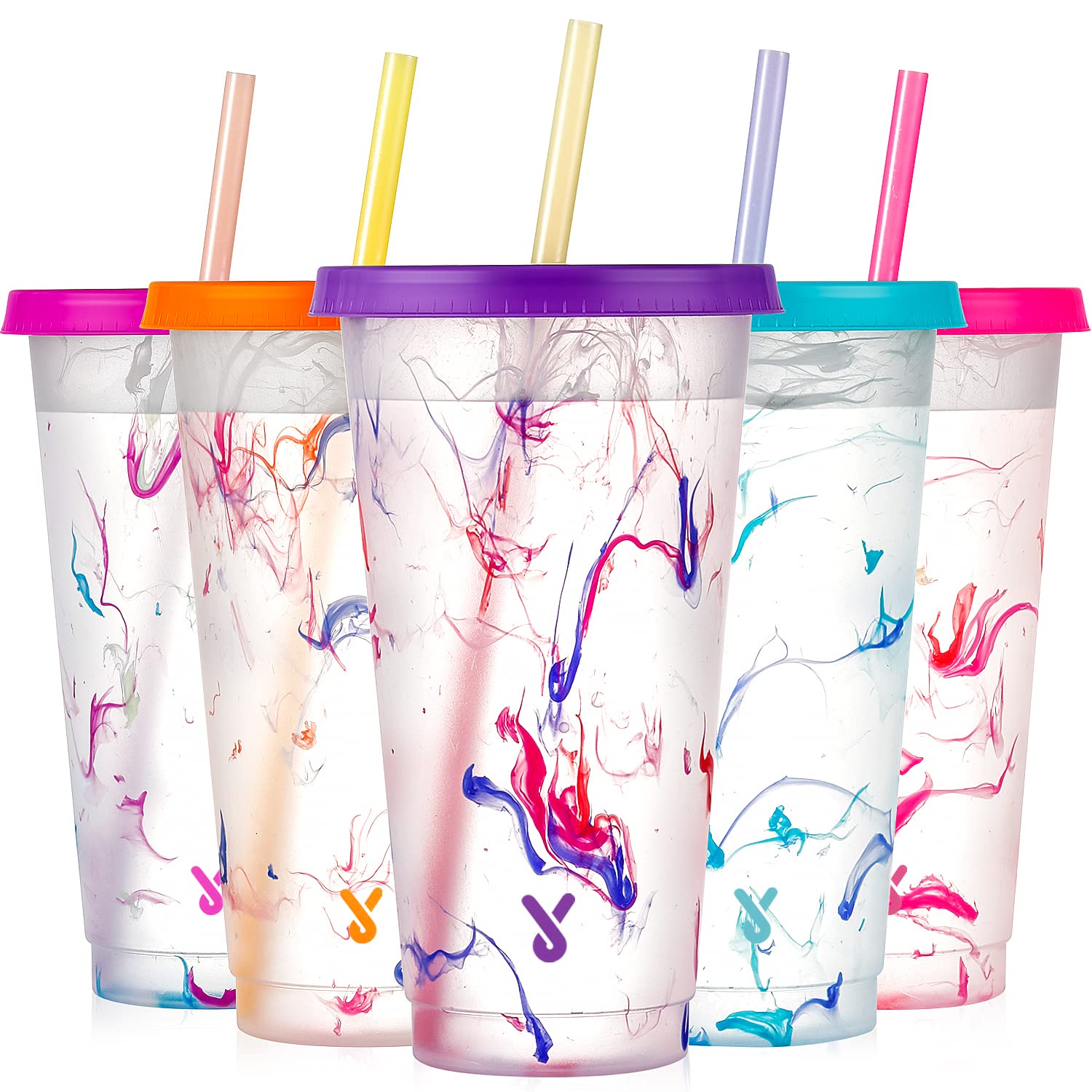 Meoky Color Changing Cold Cups with Lids and Straws - 5 Pack 24 oz Plastic Cute Tumblers Bulk, Reusable for Kids Women Party, Ic