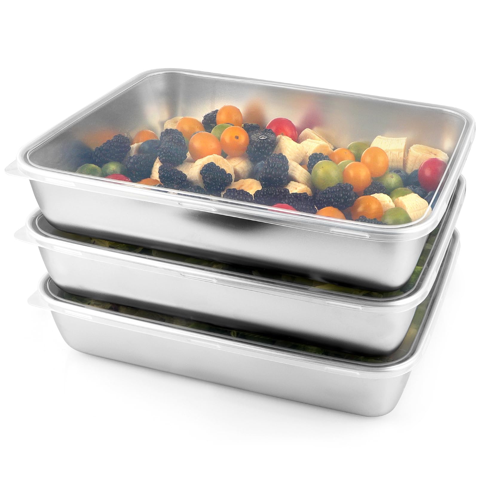Sanbege 3 Pcs (118oz) Stainless Steel Food Containers with Clear Lids, 12 x 9.6 Large Stackable Snack Storage Boxes, Deli Meat
