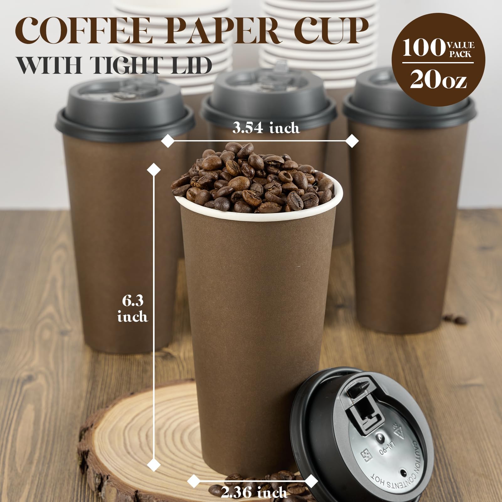LITOPAK 100 Pack 20 oz Paper Coffee Cups  Brown Disposable Coffee Cups with Lids  Drinking Cups for Cold/Hot Coffee  Water  Juice  or Tea  Hot Paper Coffee Cups for Home  Restaurant  Store and Cafe.