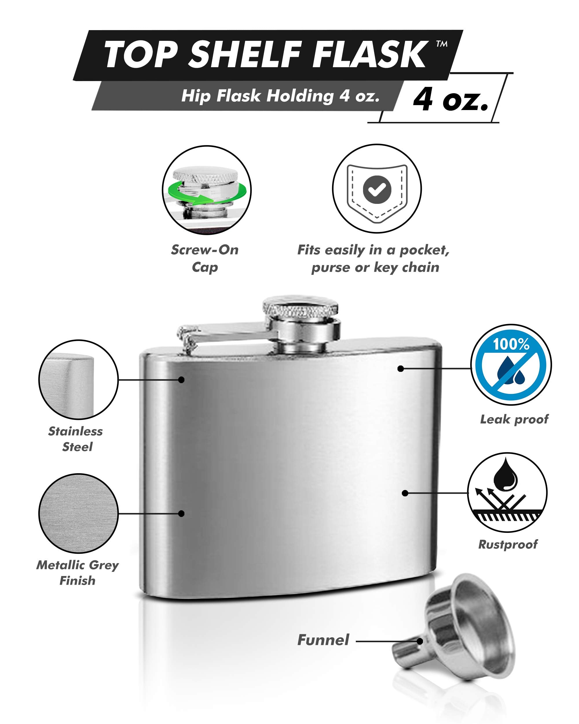 Hip Flask and Refill Funnel Set - 4 oz  Easy Pour  Laser Welded and Sealed  Leakproof  Attached Screw-On Cap - Comes in Gift Box