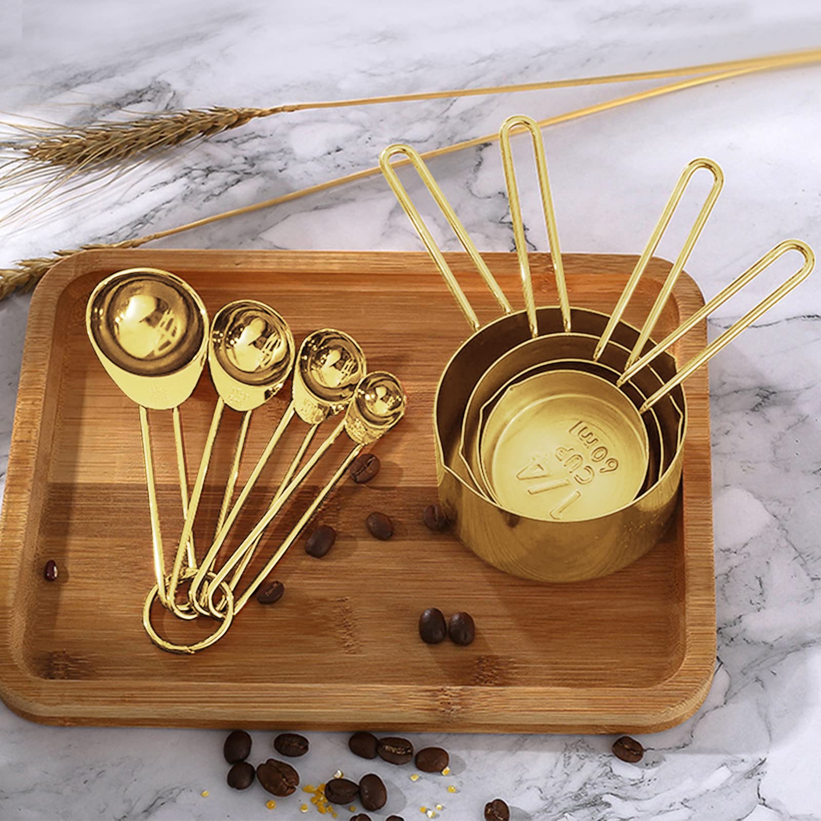 Lyfjxx Gold Measuring Cups And Spoons Set, 8 Pcs Metal Measuring Cups And Stainless Steel Measuring Spoons Set For Kitchen
