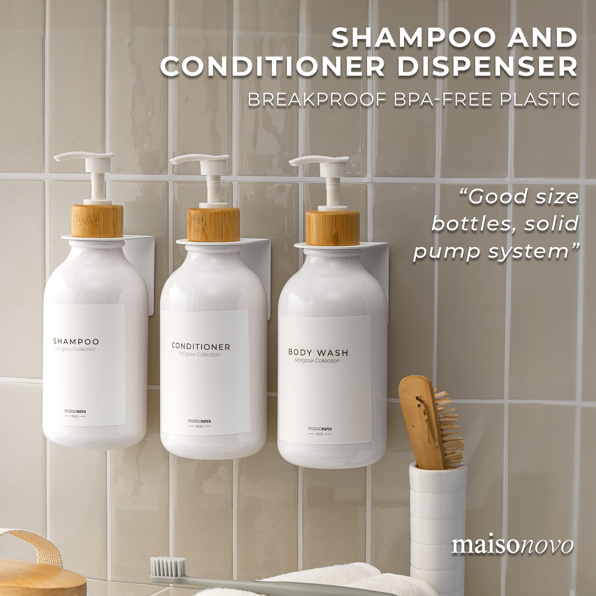 Maisonovo Shampoo And Conditioner Dispenser - Shower Soap Dispenser Wall Mounted - 16.9 Fl Oz Set Of 3 White Plastic Bottles Whi