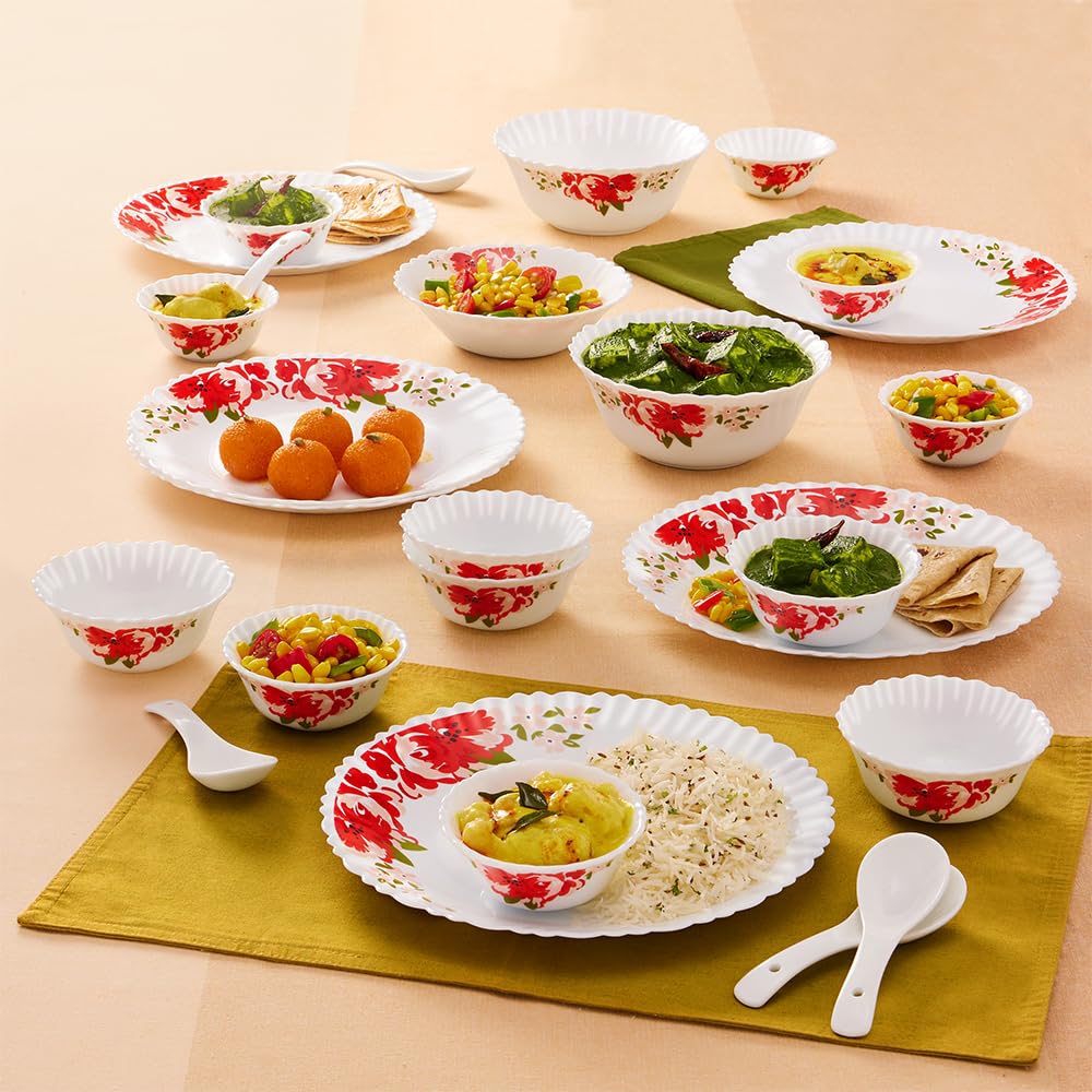 Larah By Borosil Rose Red Silk Series Opalware Dinner Set | 27 Pieces For Family Of 6 | Microwave & Dishwasher Safe | BoneAsh F